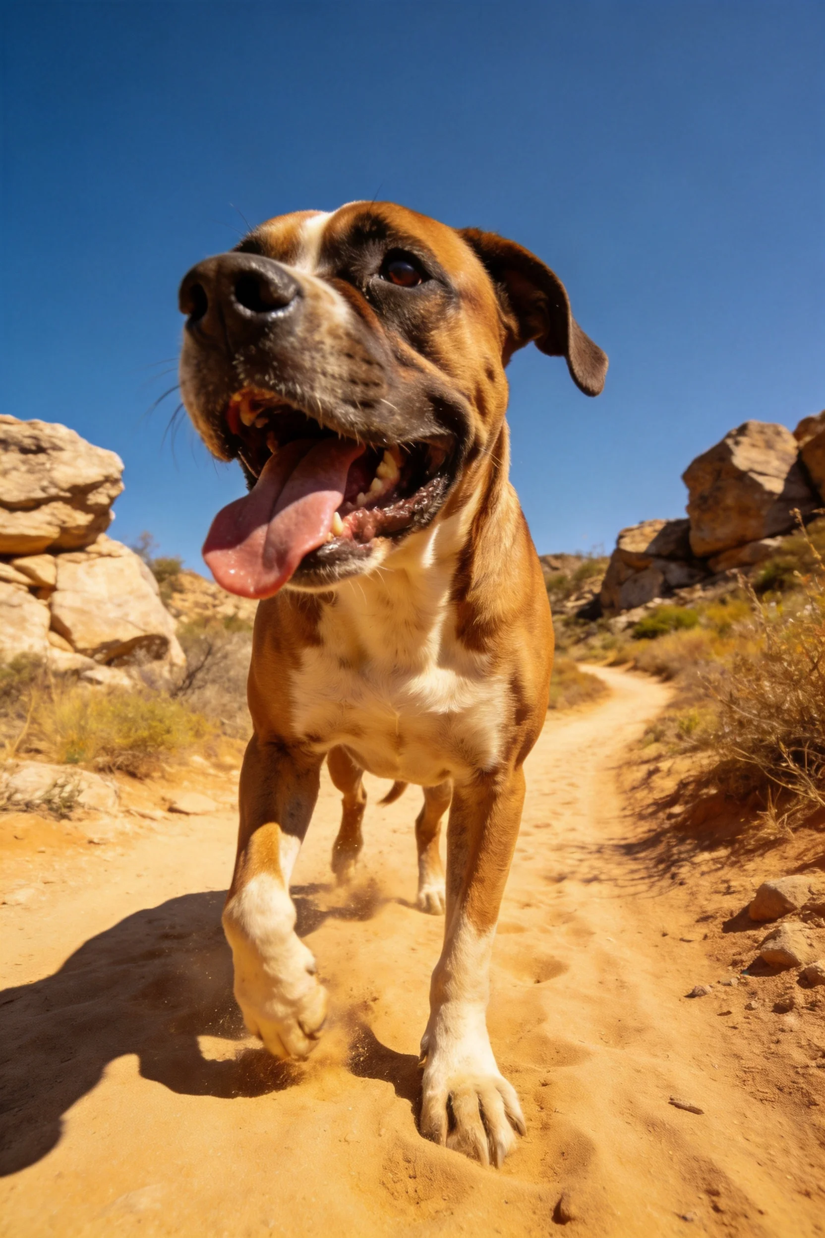 拳师犬张着嘴奔跑,粉红色舌头清晰可见,棕白相间的皮毛呈现出的纹理。