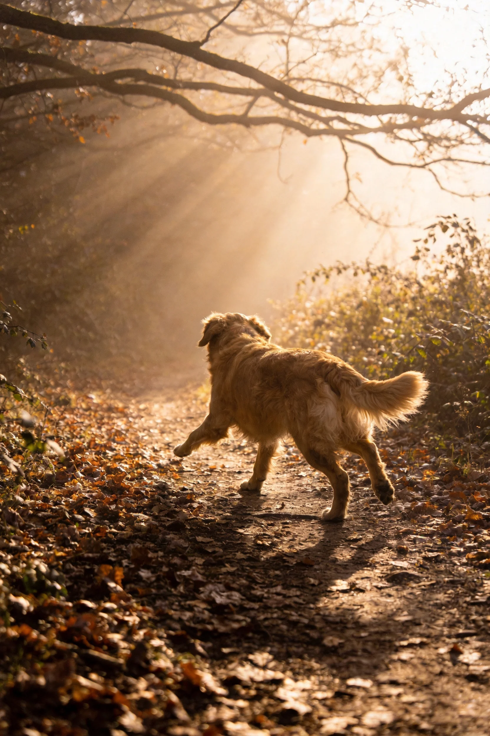 金毛寻回犬在森林小径上奔跑,金黄蓬松的毛发在暖光下清晰可见。