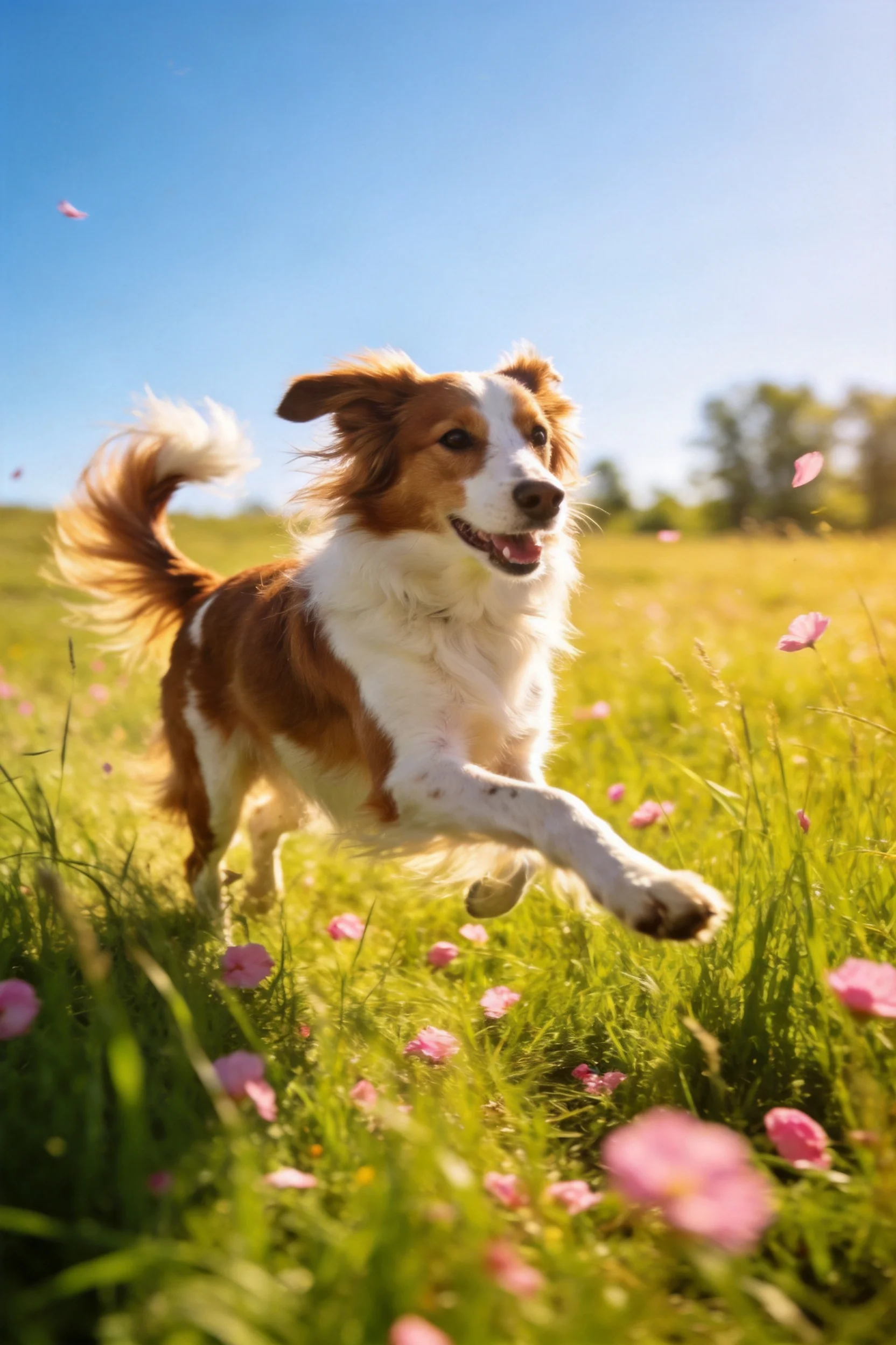 白棕相间的边境牧羊犬在阳光明媚的青地上奔跑,皮毛蓬松且耳朵随动作摆动。