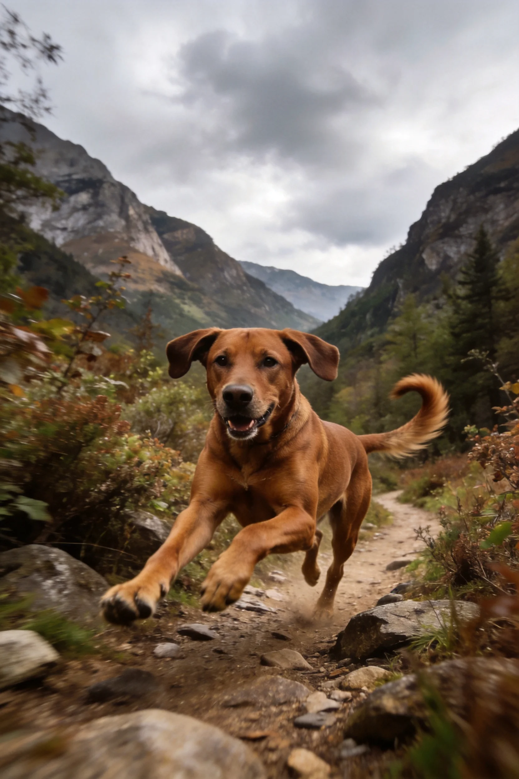 红棕色短毛猎犬在山谷碎石小径上奔跑,皮毛光滑有光泽,四肢有力。