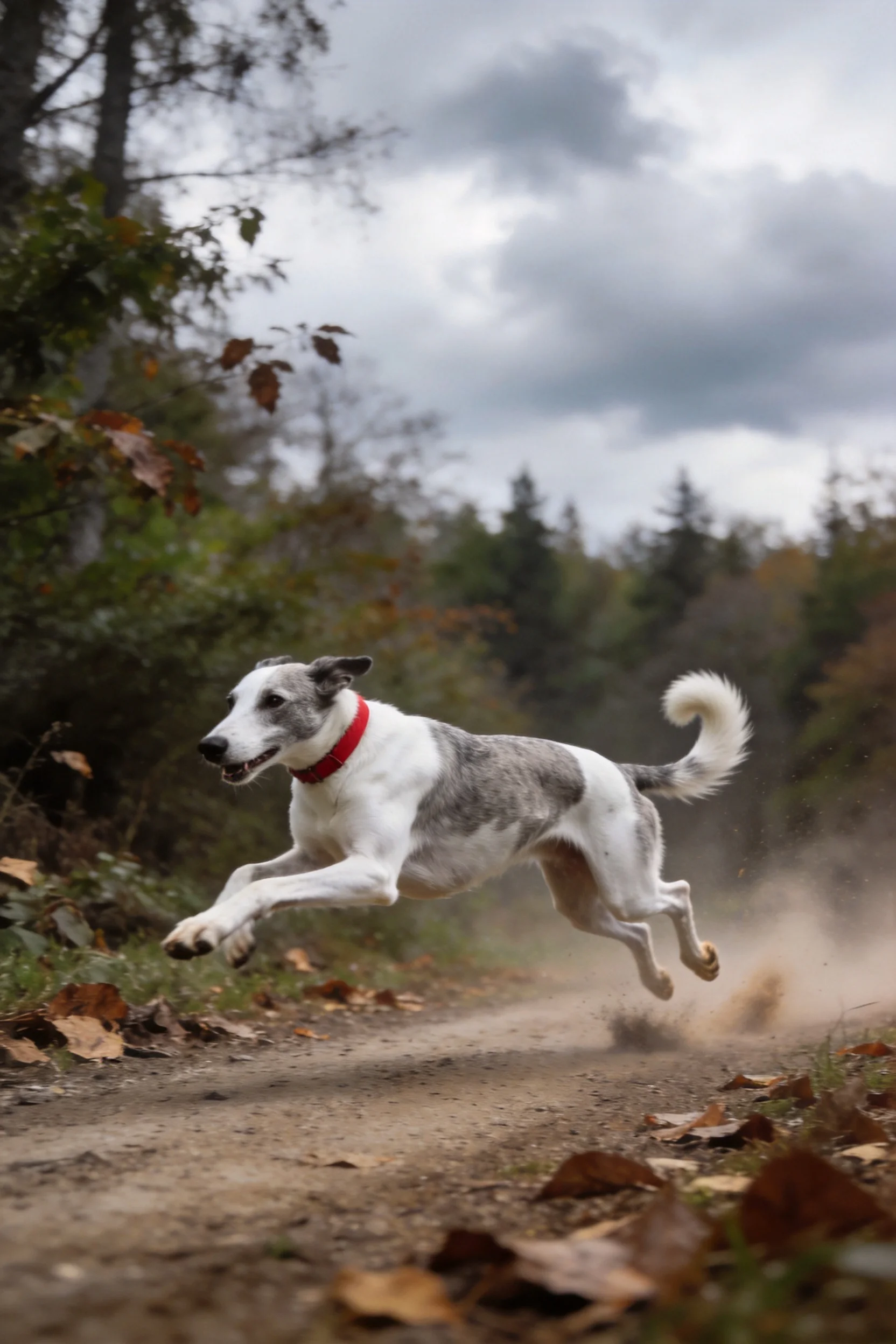 灰白相间的俄罗斯猎狼犬在泥土小径上奔跑，毛发短而顺滑，红色项圈清晰可见，四肢腾空姿态展现运动感。