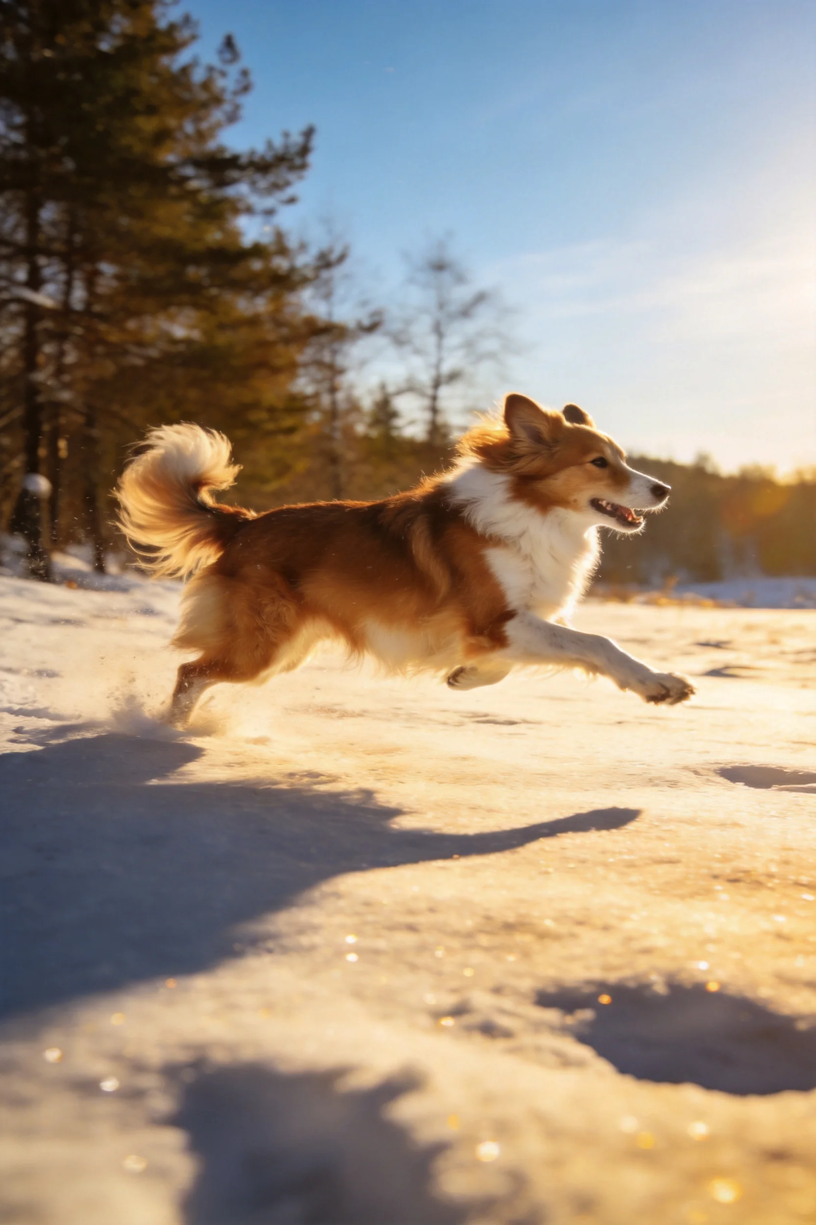 苏格兰牧羊犬在冬日雪地中奔跑，棕白相间的毛发清晰可见，四肢有力地向前伸展。