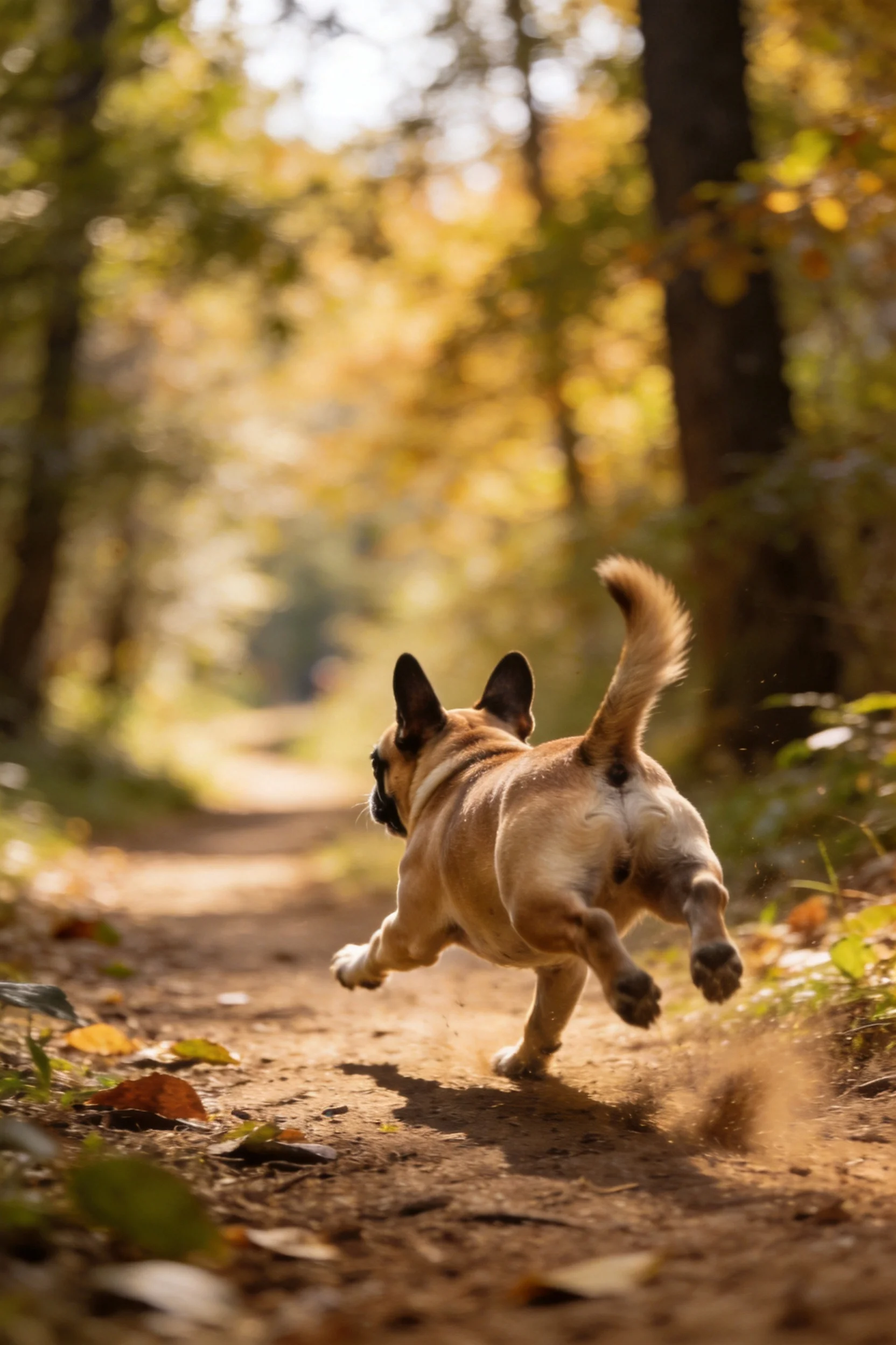 法国斗牛犬在森林小径上奔跑,浅棕色皮毛与周围环境形成对比,奔跑时扬起的尘土清晰可见。