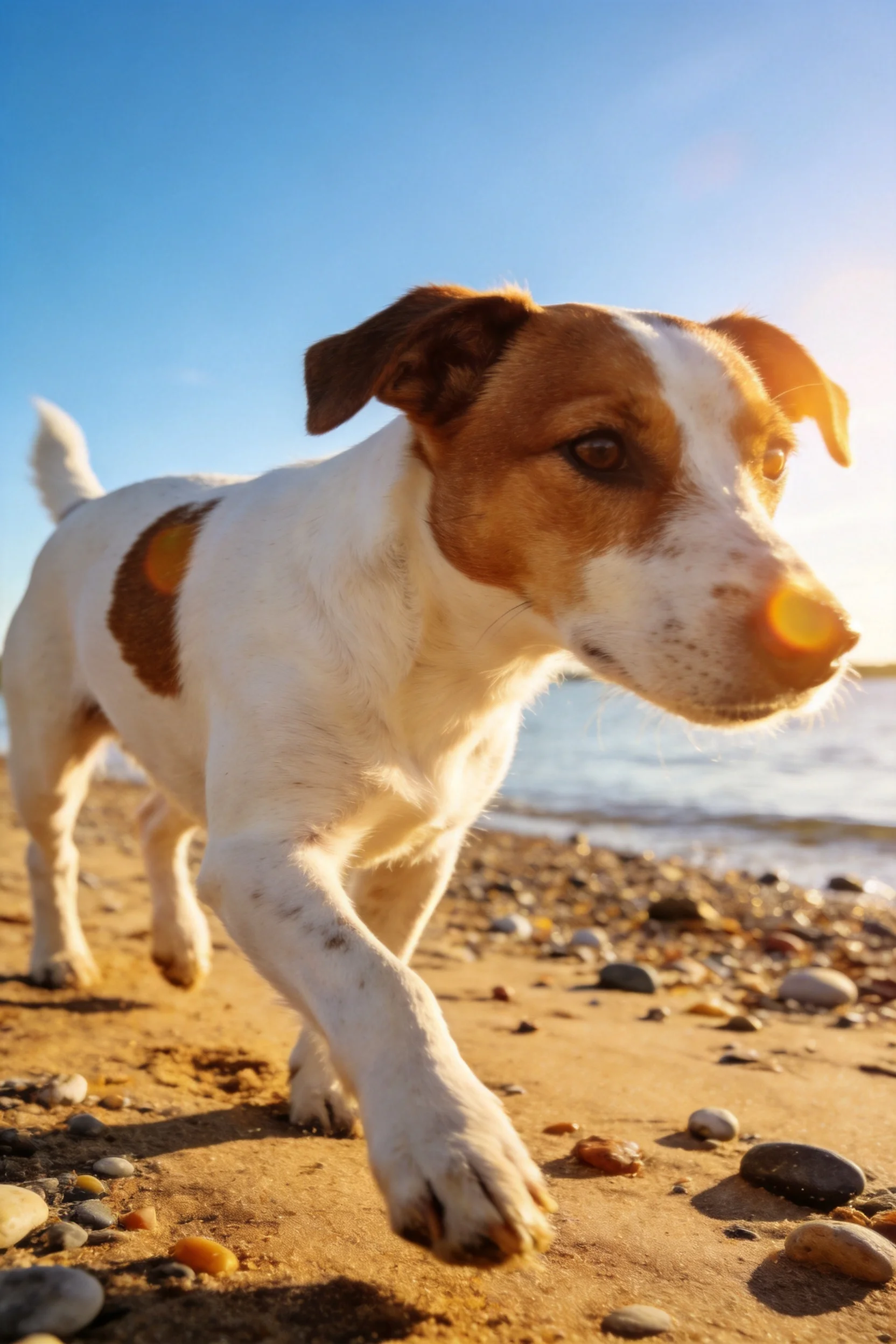 杰克罗素梗犬在沙滩上奔跑,白色带棕色斑点的被毛在阳光下清晰可见。