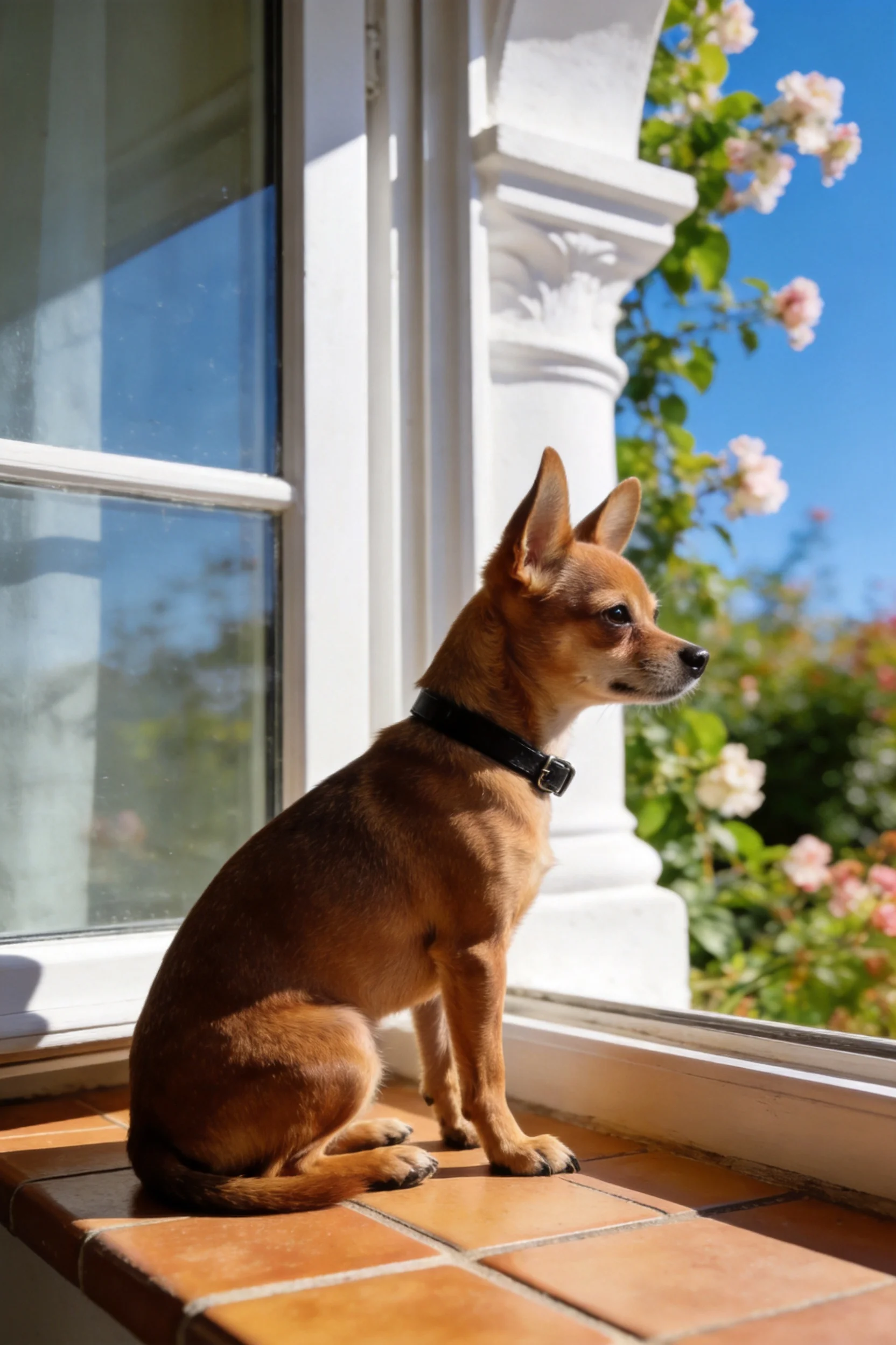 吉娃娃犬有着棕褐色短毛,正安静地坐在窗台上凝视远方。