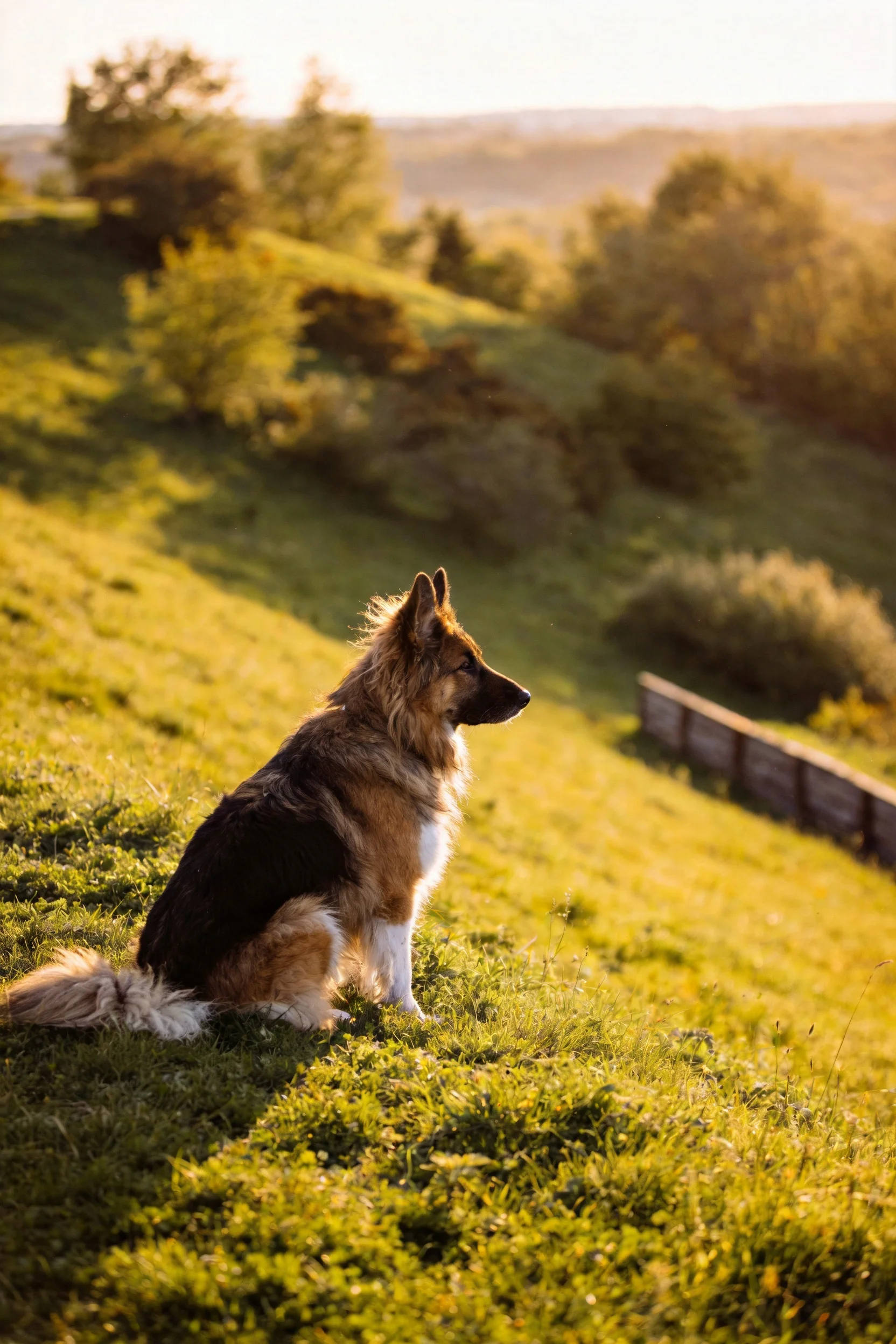 德国牧羊犬安静坐着，棕黑相间的毛发在晨光下显得蓬松柔软，耳朵微微竖起，目光注视着远方。