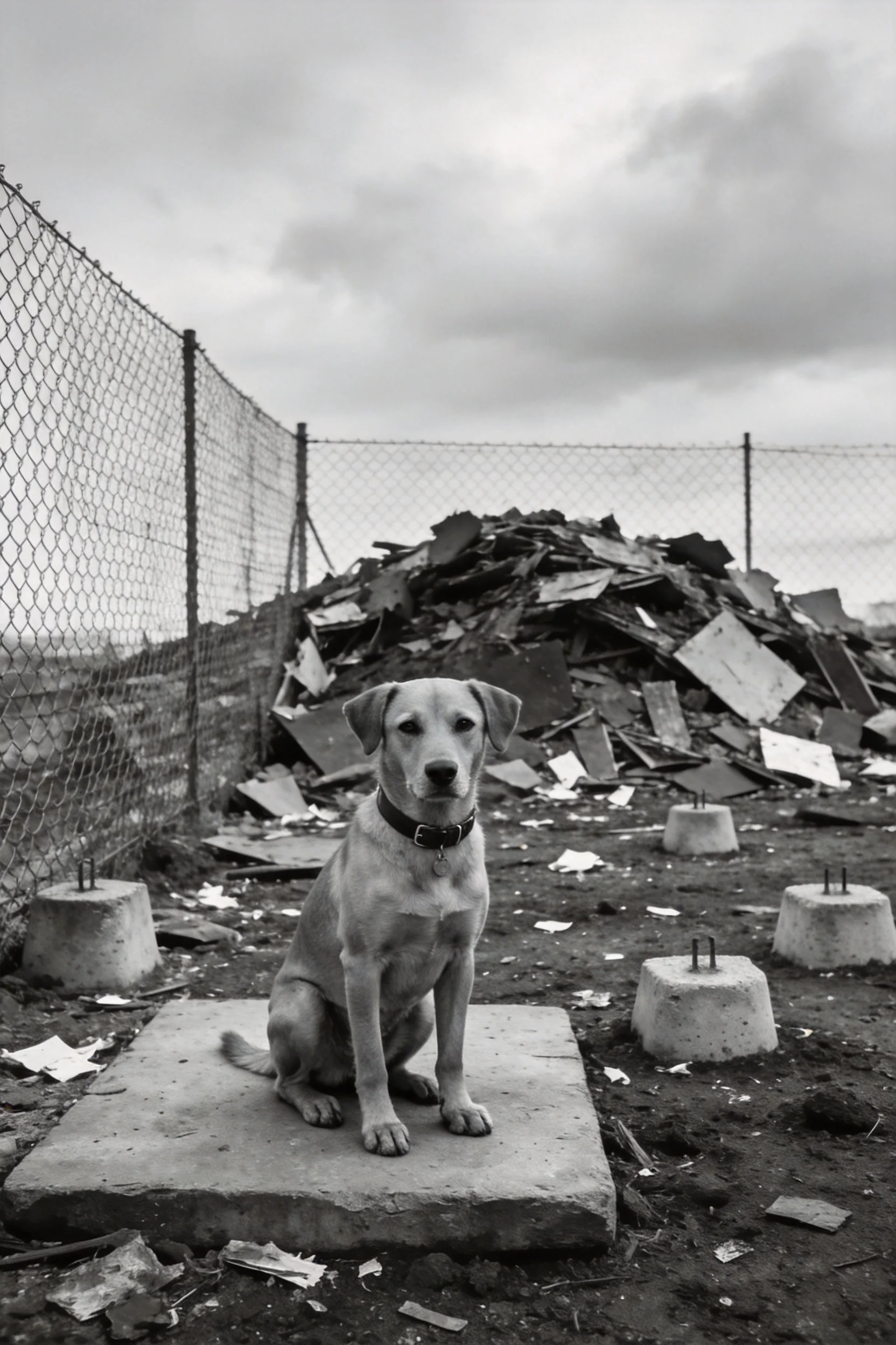 一只浅色混血犬安静地坐在混凝土板上,项圈清晰可见,周围是工业废墟与。