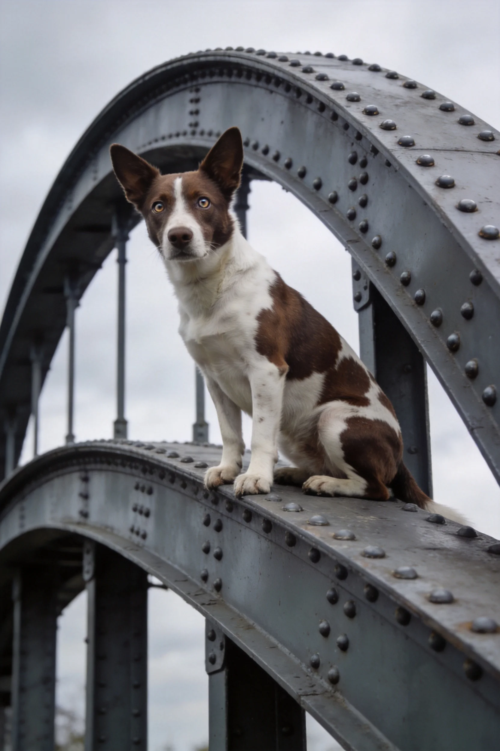 棕白相间的短毛混种犬坐在金属桥梁结构上，耳朵竖起，目光注视前方。