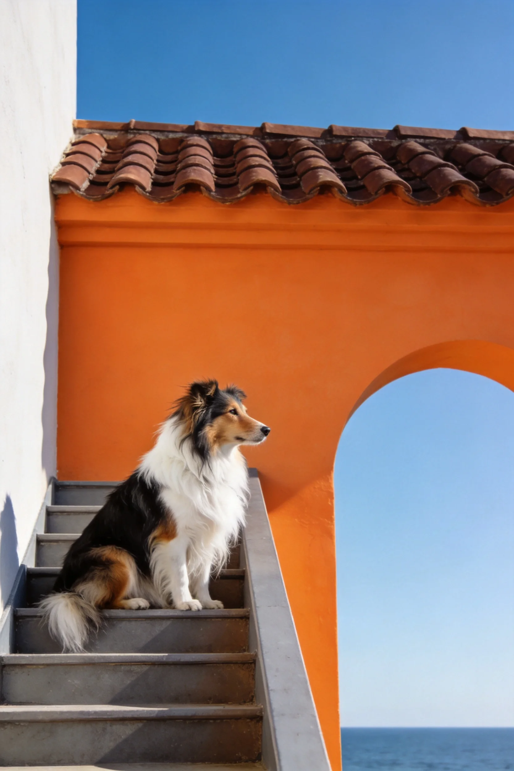 设得兰牧羊犬安静地坐在台阶上,黑白棕相间的长毛清晰可见。