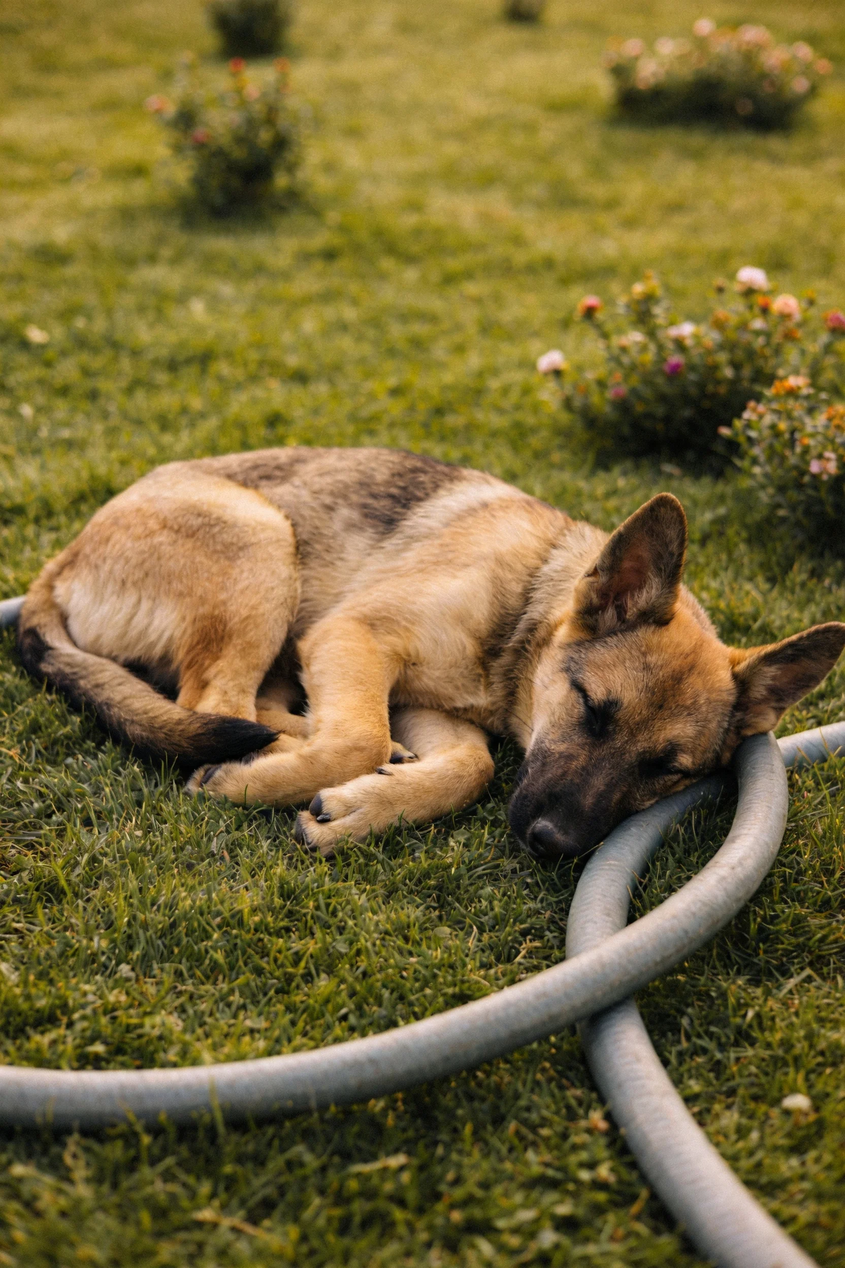 德国牧羊犬将头枕在银色水管上,棕褐相间被毛清晰可见。