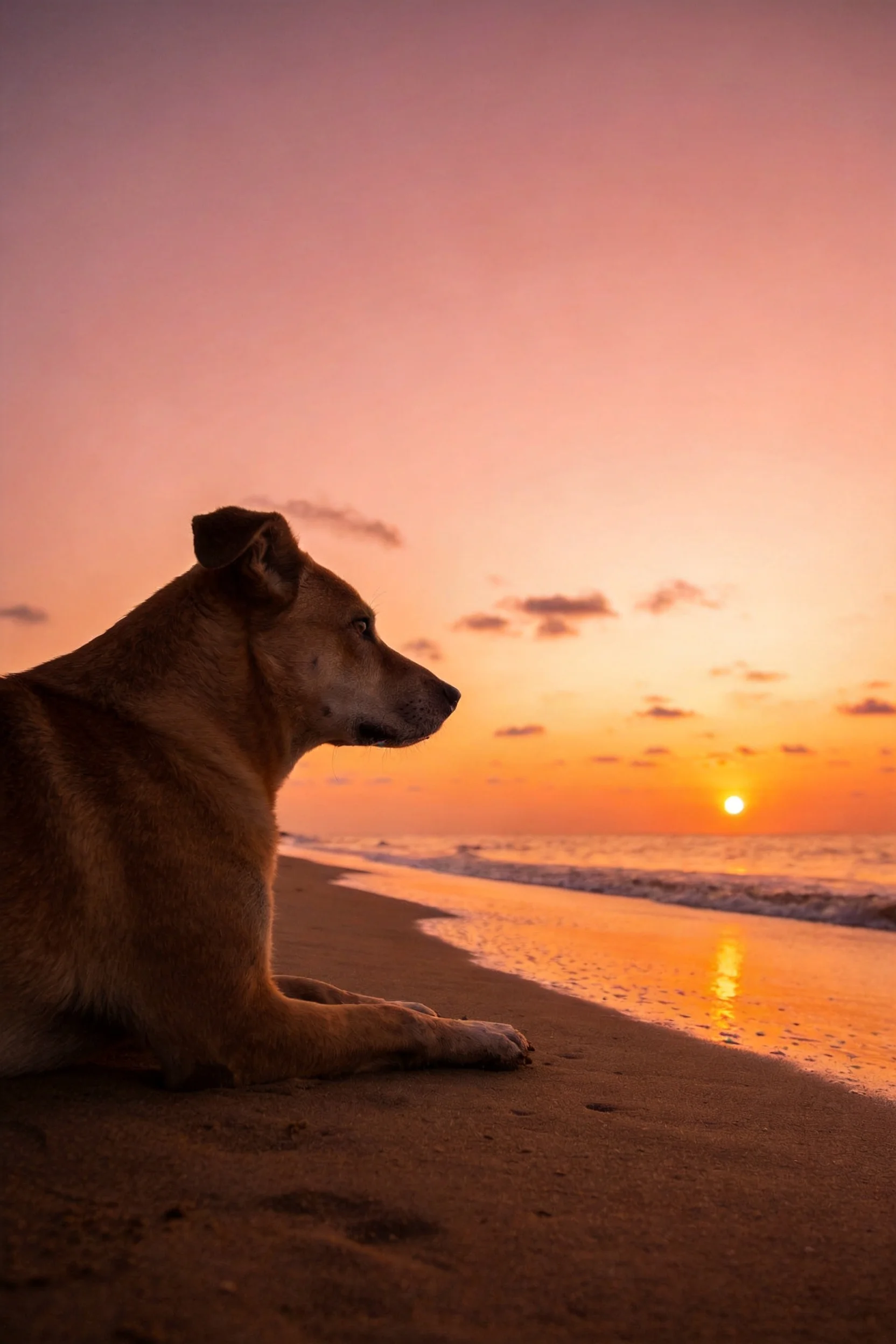 短毛混种犬暖棕色皮毛在夕阳下安静趴卧沙滩凝视远方。