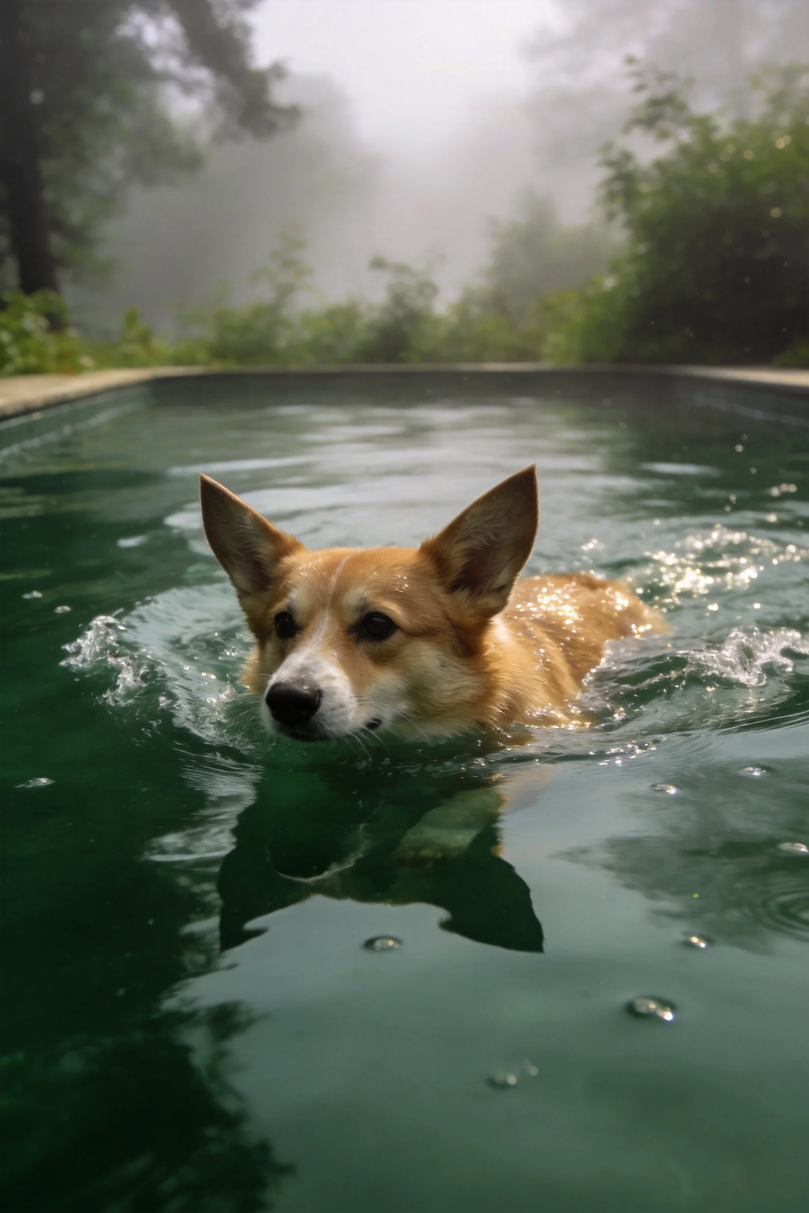 浅棕色柯基犬在水中游泳，毛发湿润贴在身体两侧，周围是雾气朦胧的环境。