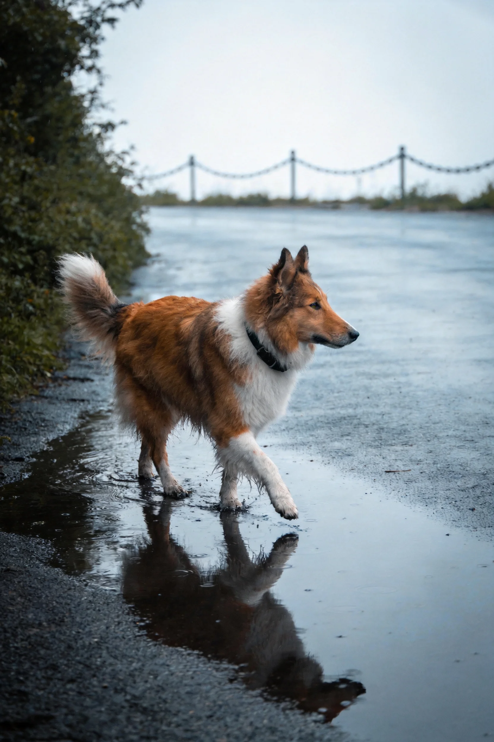 设得兰牧羊犬正走在潮湿道路上，它湿润的长毛随步伐轻轻摆动，倒影清晰映在水洼中。