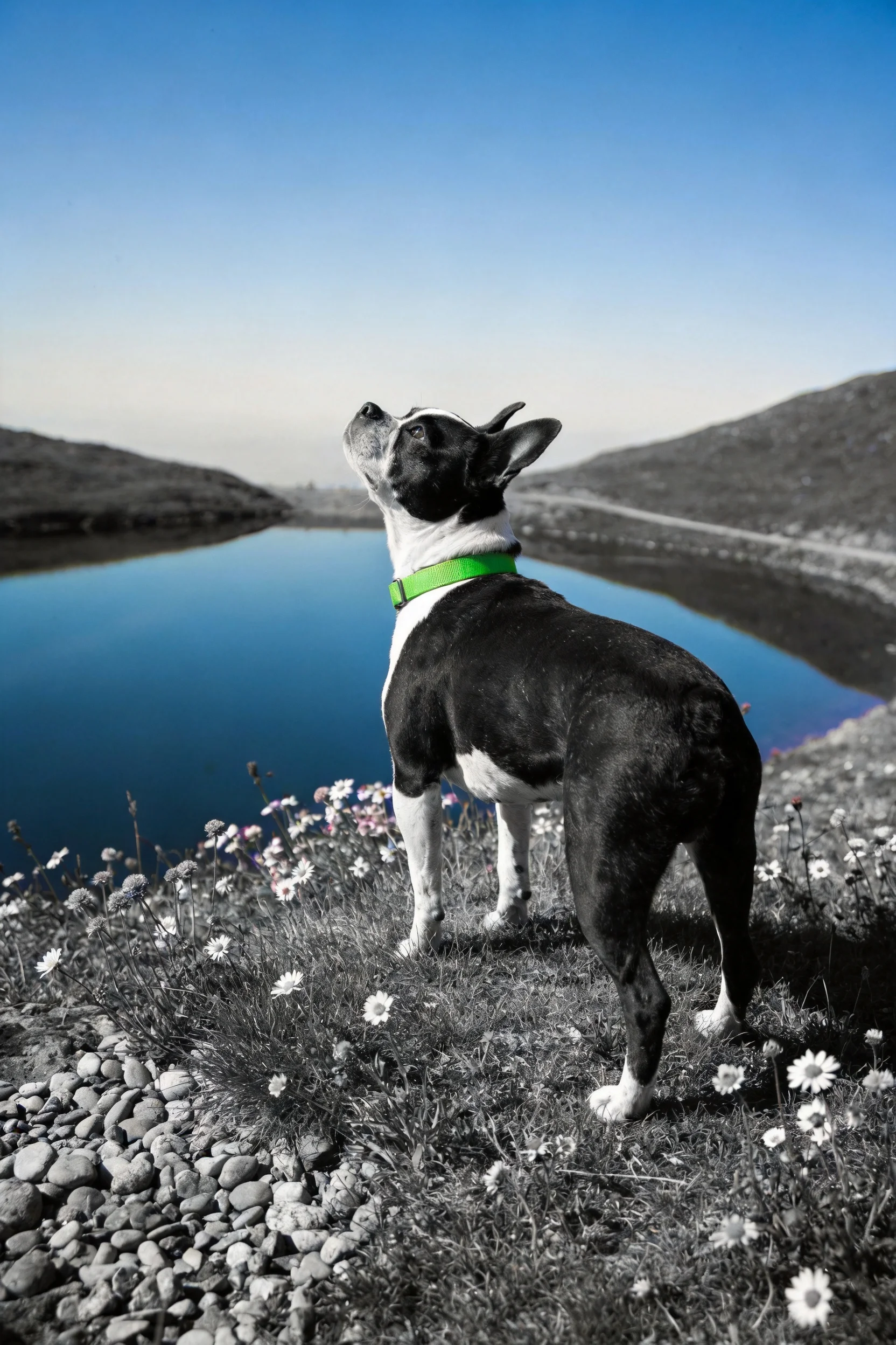 波士顿梗犬抬头凝视,颈部佩戴绿色项圈,身处水域旁开阔草地场景。
