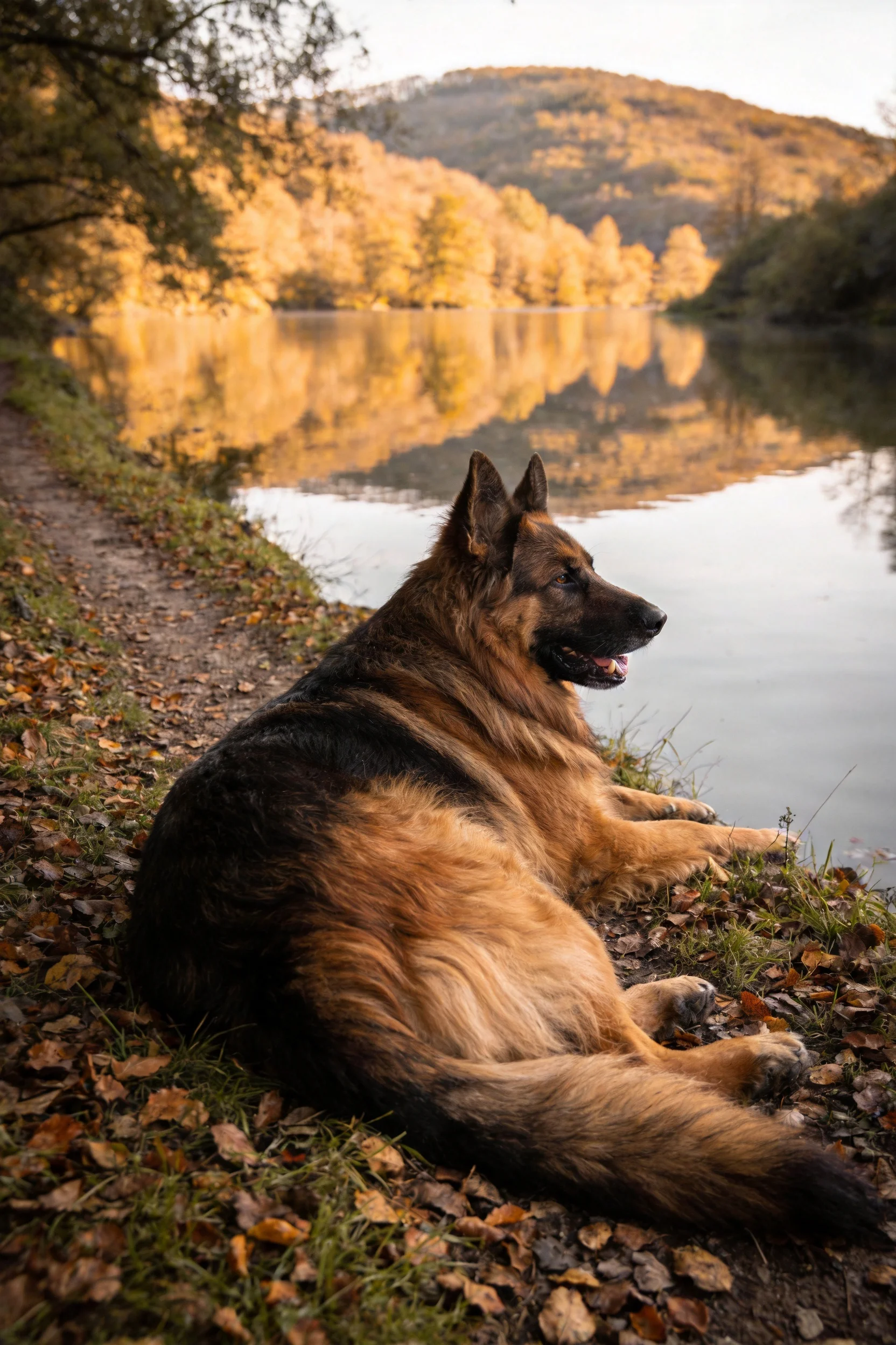一只德国牧羊犬趴在湖边泥土与落叶上,黑棕色毛发蓬松,姿态放松。
