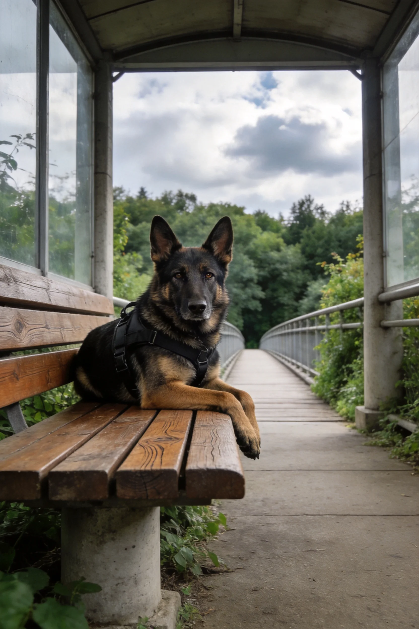 一只德国牧羊犬趴在木质长椅上,黑棕相间的被毛清晰可见,处于带有遮蔽功能的步道环境中。