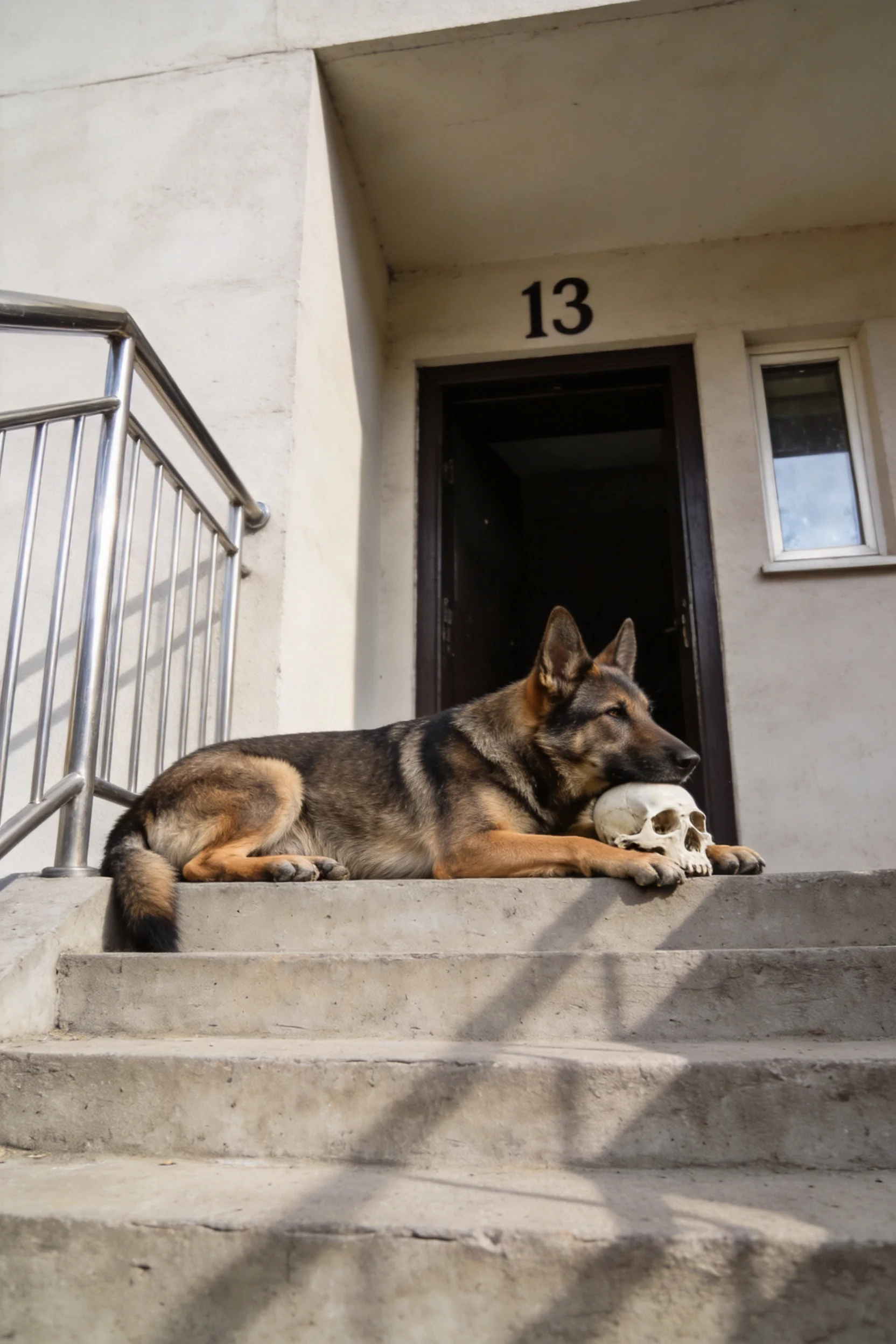 德国牧羊犬安静地将头靠在骷髅上,黑棕色皮毛与白色骨骼形成鲜明对比。