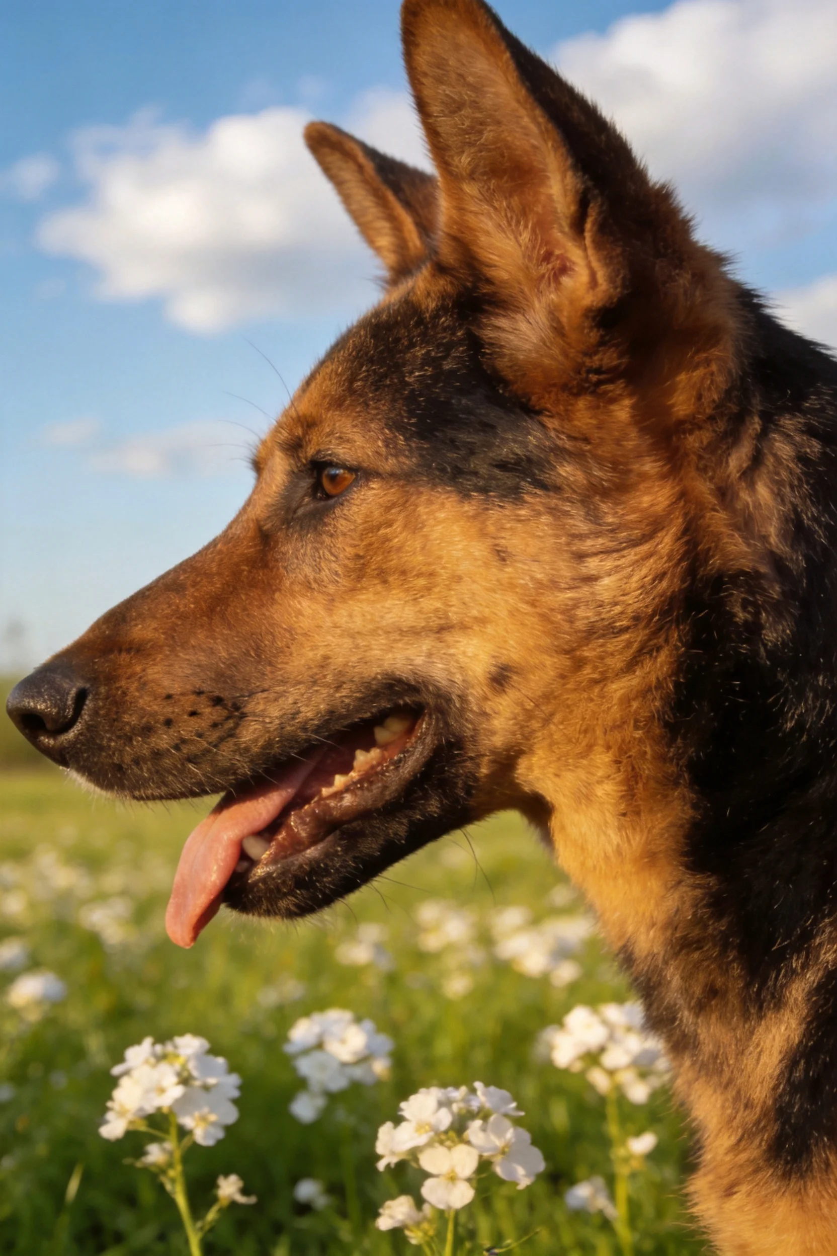 德国牧羊犬嘴巴张开,舌头外露,黑褐色被毛呈现出清晰的纹理和光泽。