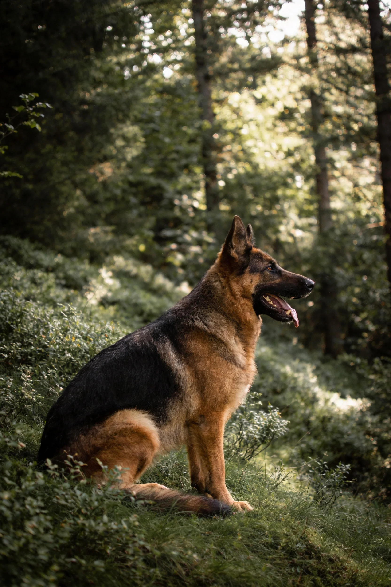 德国牧羊犬安静坐着,黑棕相间的被毛,周围有茂密森林植被。