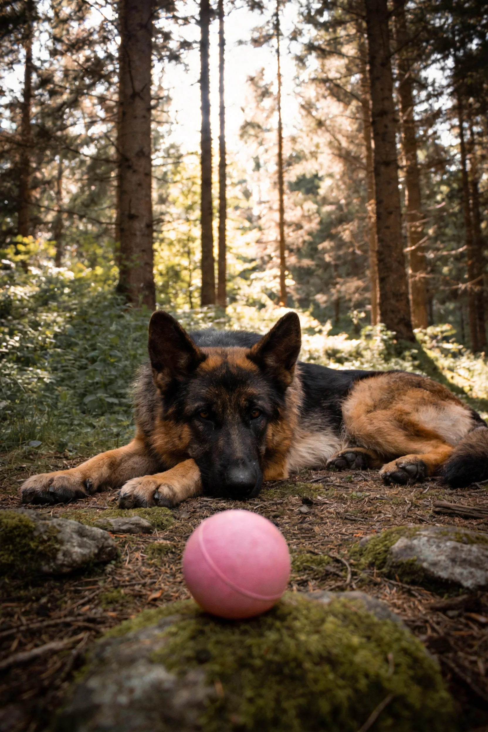 德国牧羊犬安静地趴在森林地面,黑棕相间的毛发清晰可见,前肢伸展,头部轻靠在地面。