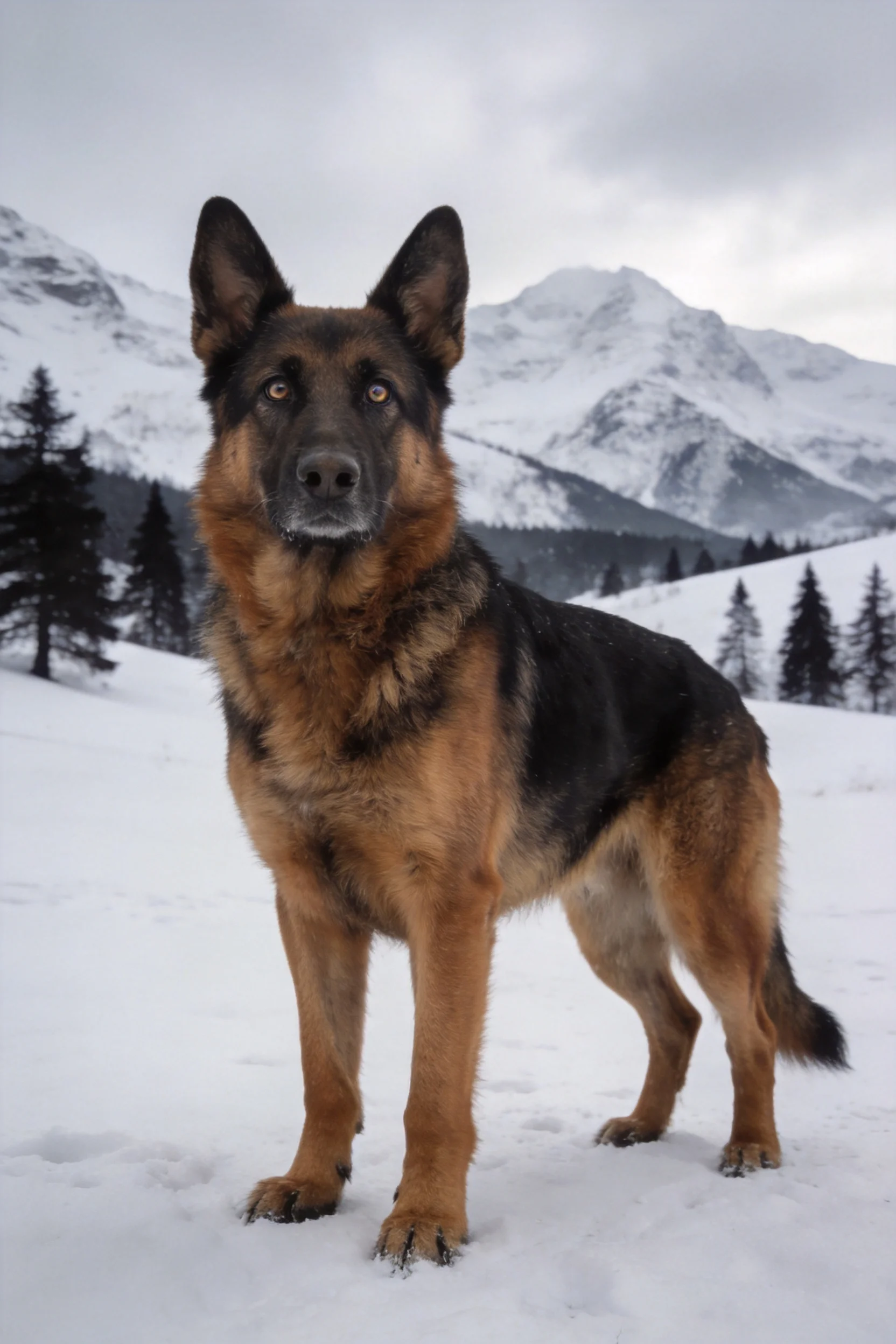 德国牧羊犬站立在雪地,黑棕相间毛发清晰,耳朵竖立姿态警觉。