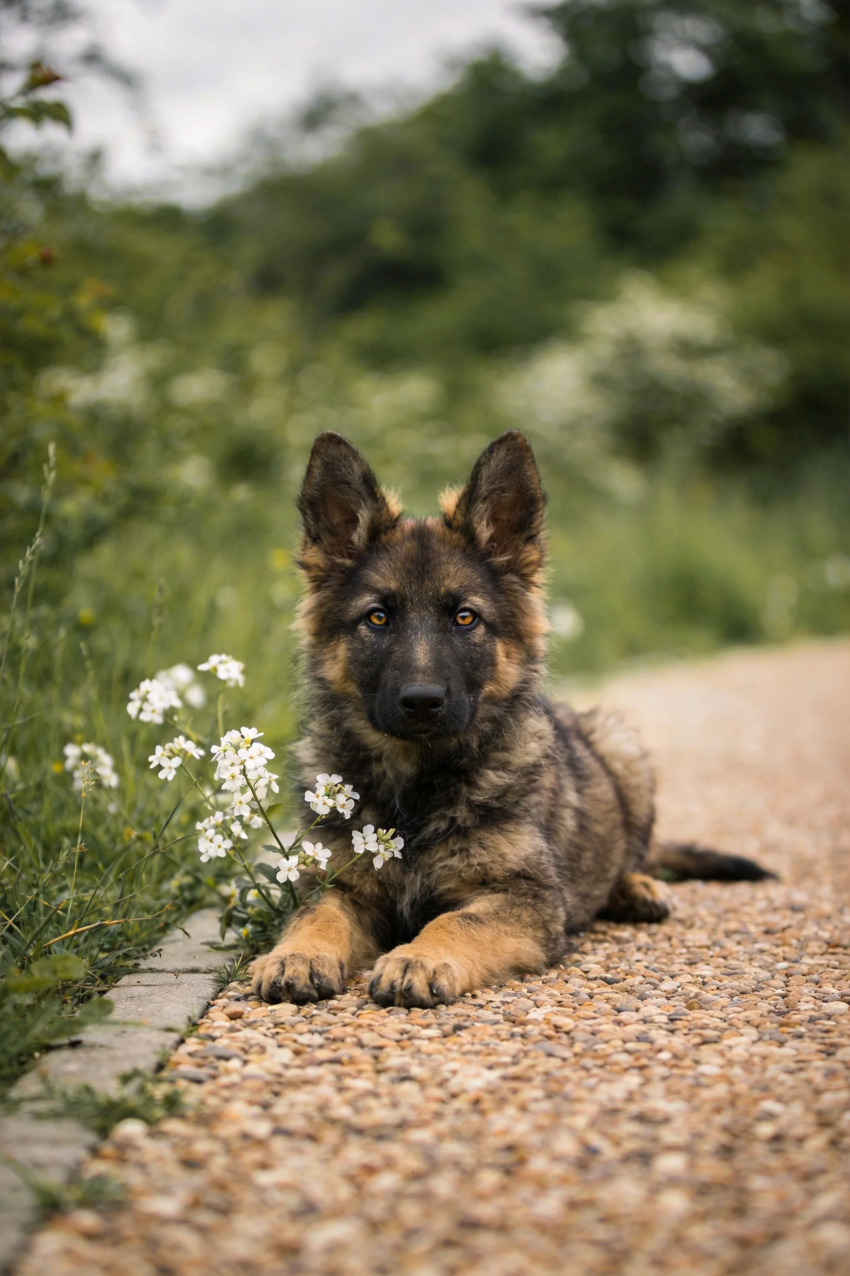 德国牧羊犬幼犬趴在碎石小径旁,黑棕相间的毛发柔软且蓬松,身旁有几朵小白花。