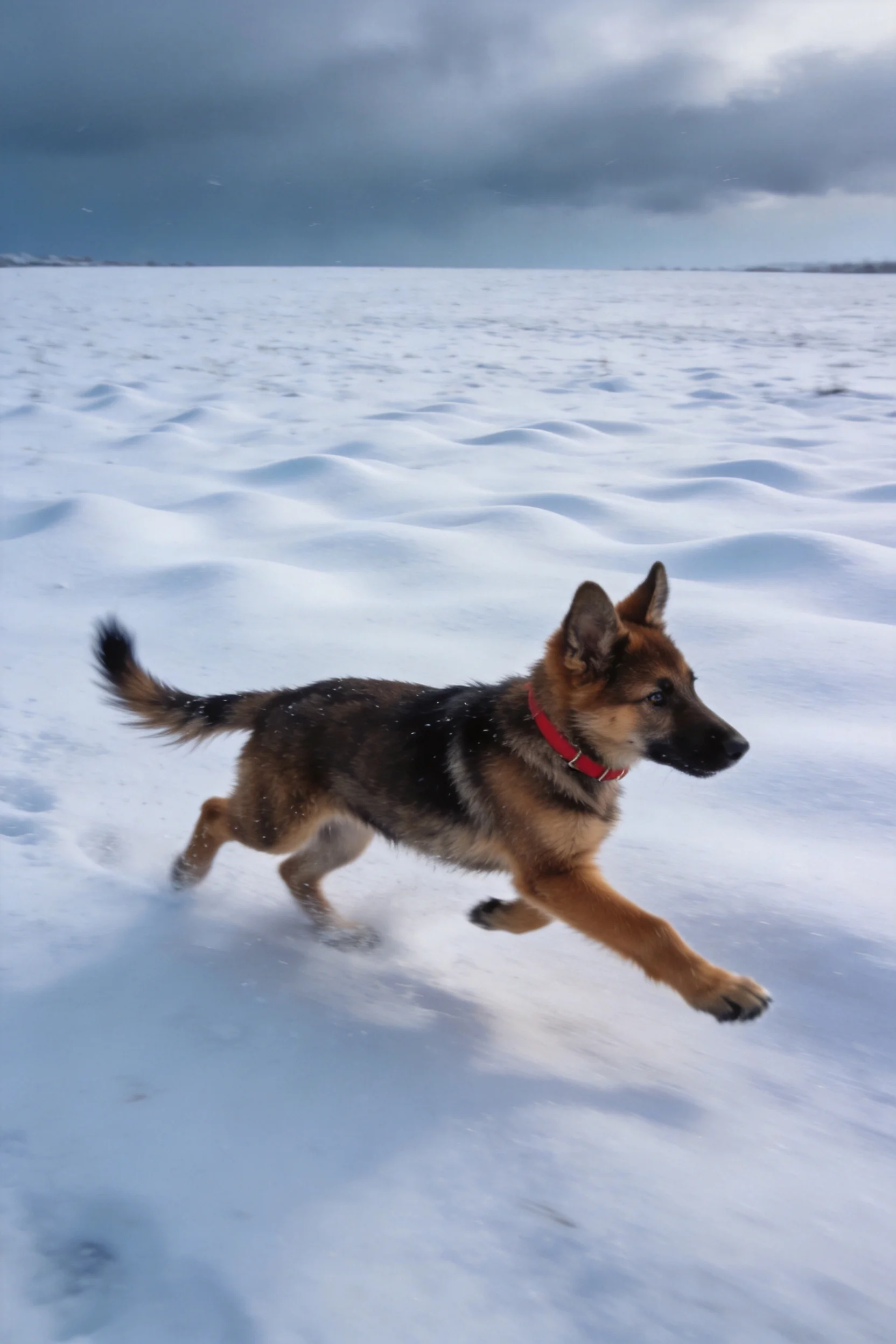 德国牧羊犬在雪地中奔跑,黑棕相间的被毛随着运动显得很有力量。