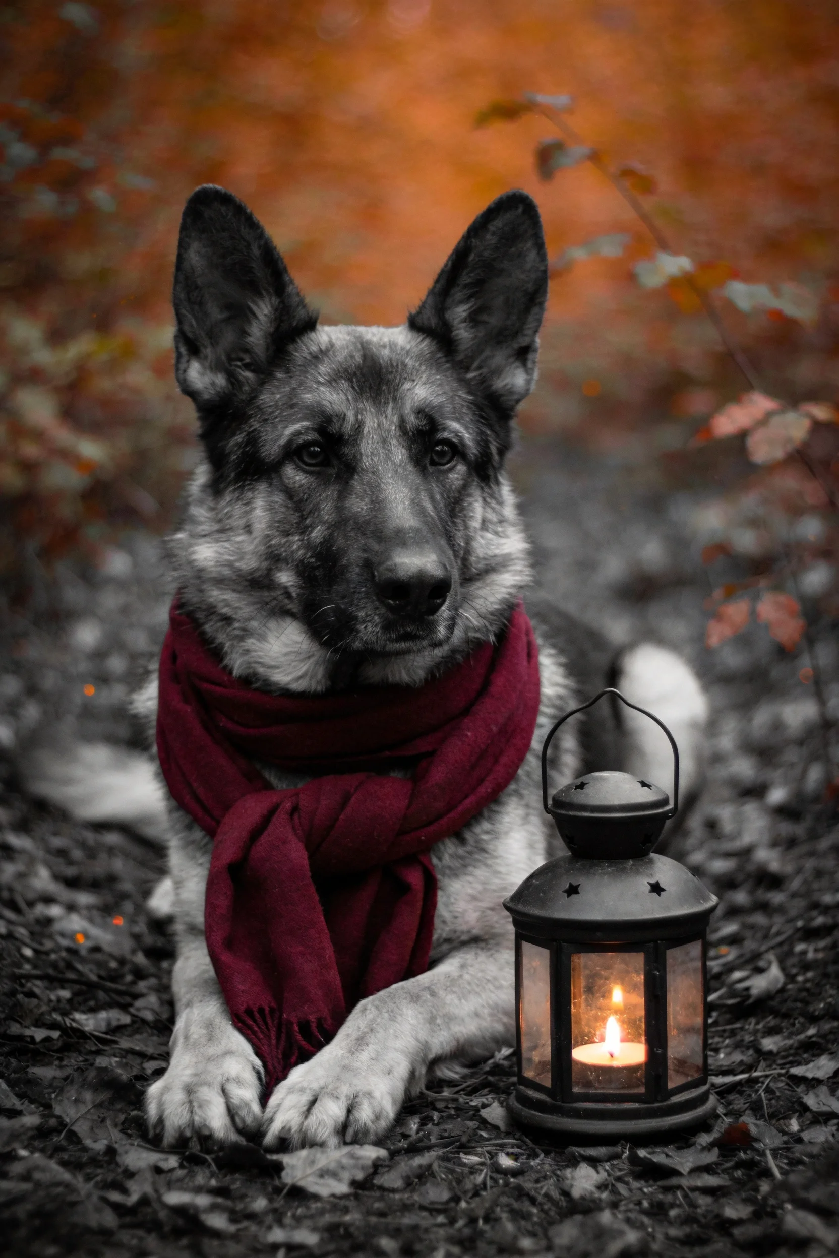 一只德国牧羊犬戴着红色围巾,安静地趴在落叶地面旁,身旁是点亮的复古灯笼。