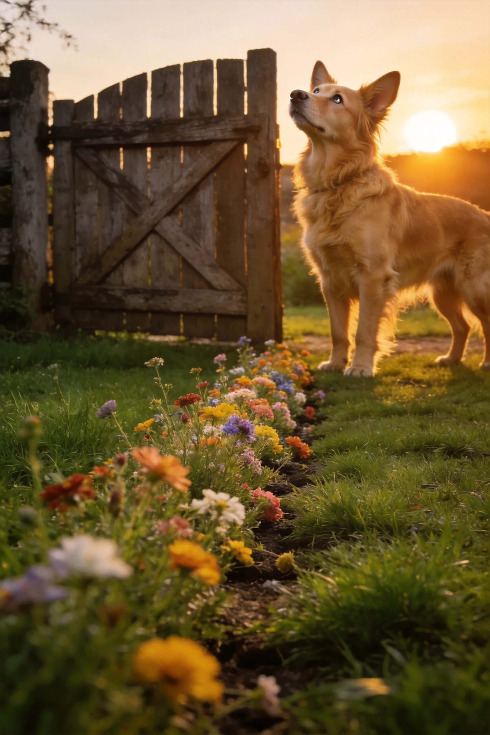 一只金毛寻回犬抬头凝视天空，金黄的被毛在夕阳下闪闪发光，周围是色彩丰富的野花和古老的木栅。