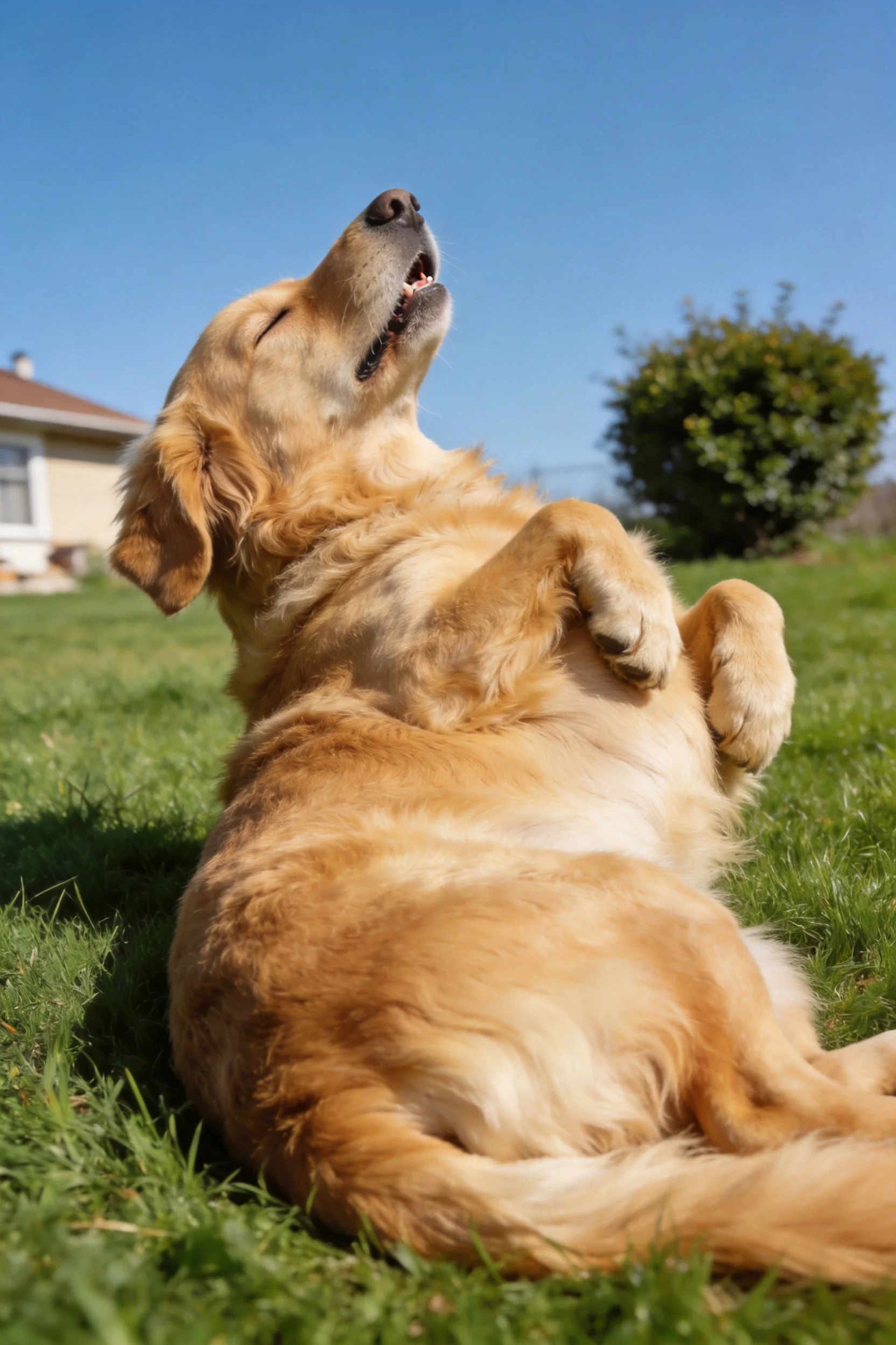 一只金毛寻回犬仰卧在草地上,金黄色的毛发蓬松,处于放松状态。