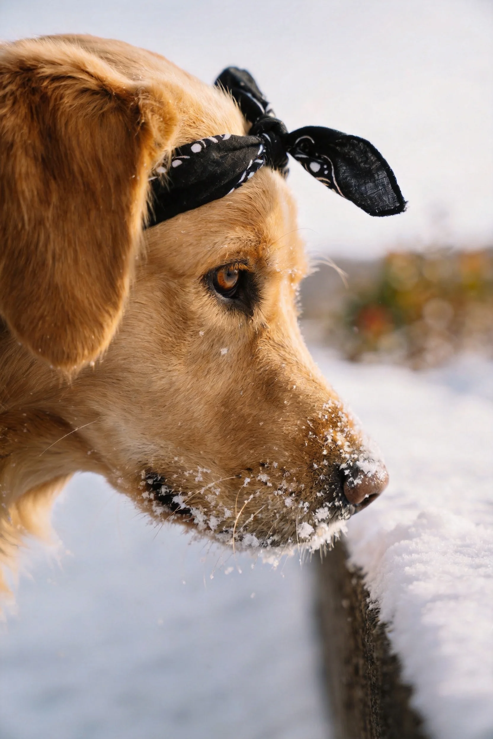 金毛寻回犬鼻端和嘴巴处沾有雪花,头上系着带有白色花纹的黑色头巾。