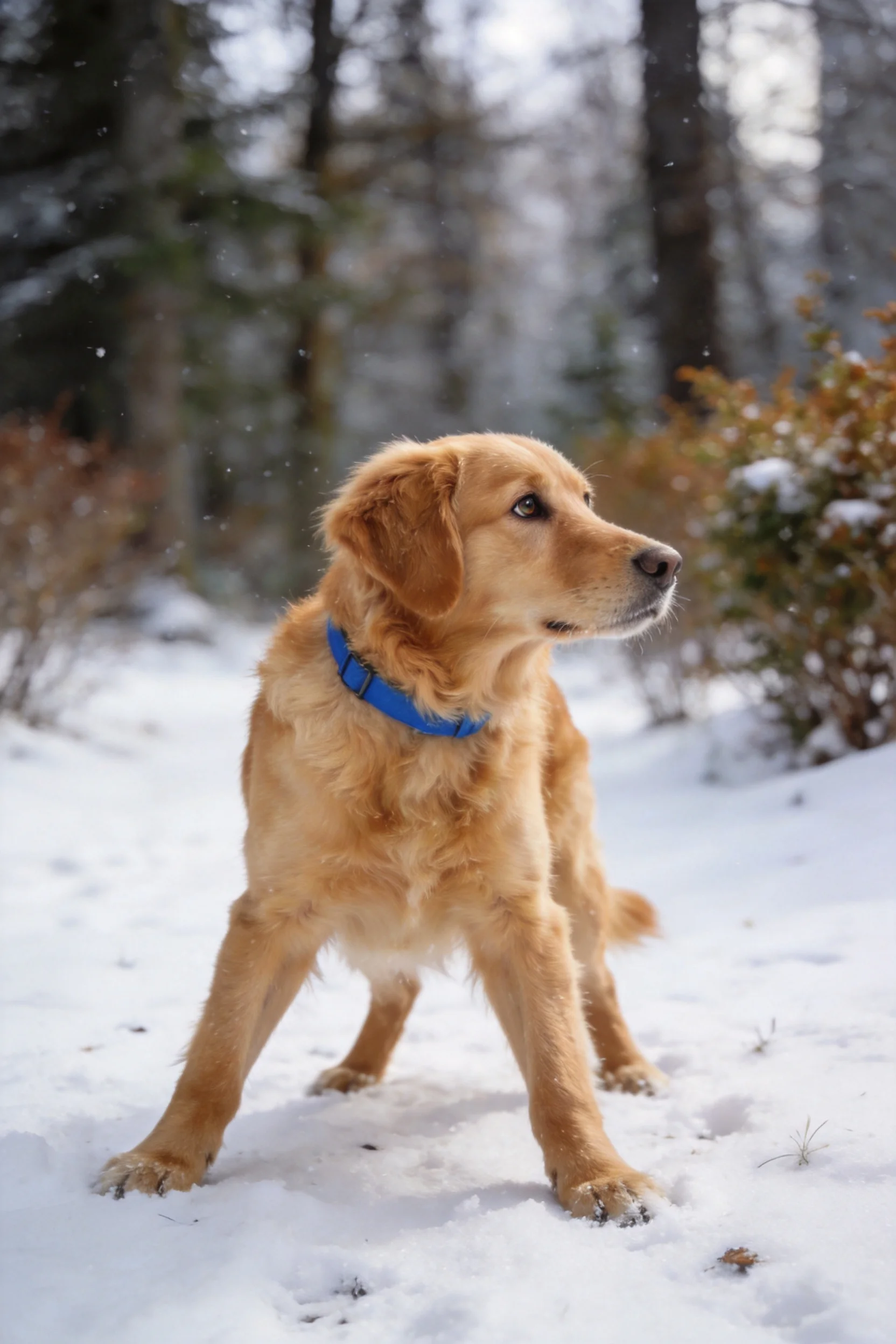 一只金毛寻回犬,金色毛发蓬松,站在雪地上四处张望。