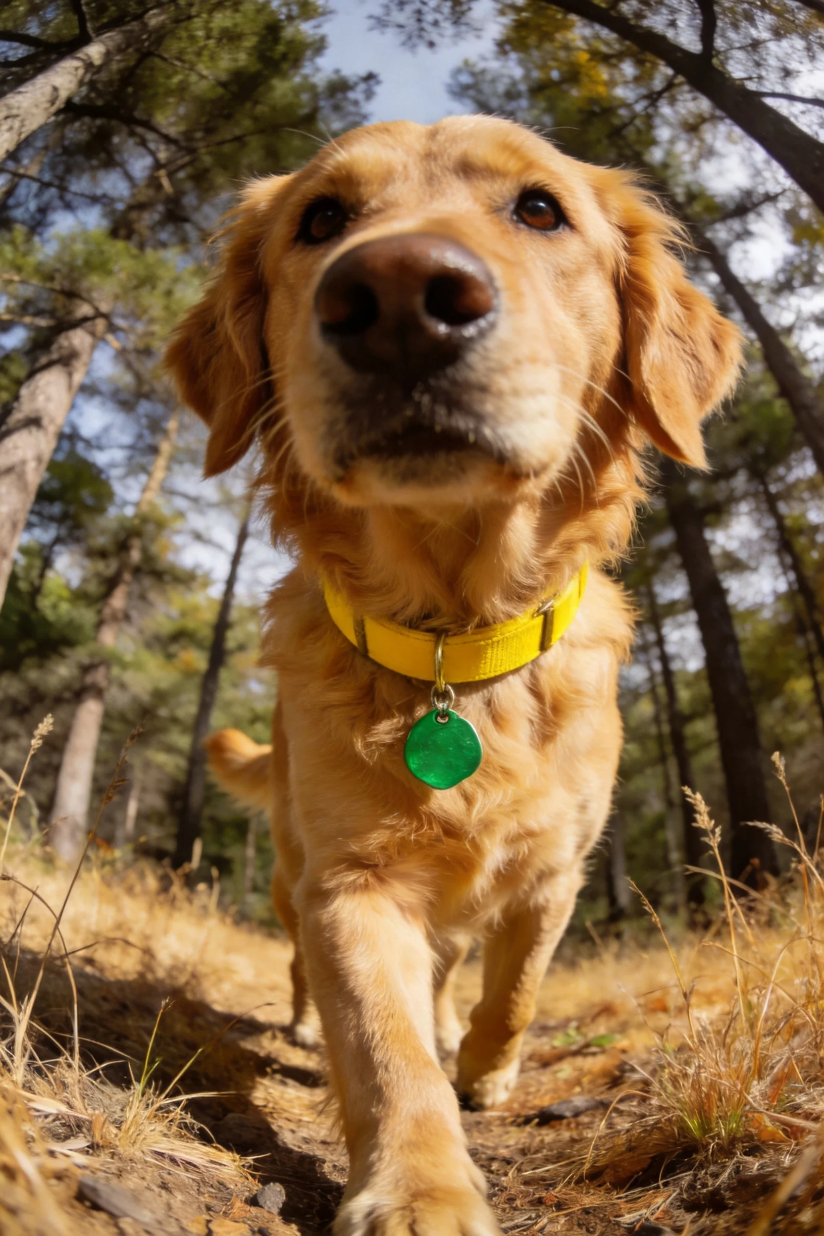 一只金毛寻回犬戴着黄色项圈,正朝着镜头方向行走,能看到其金黄色的毛发和绿色身份牌。