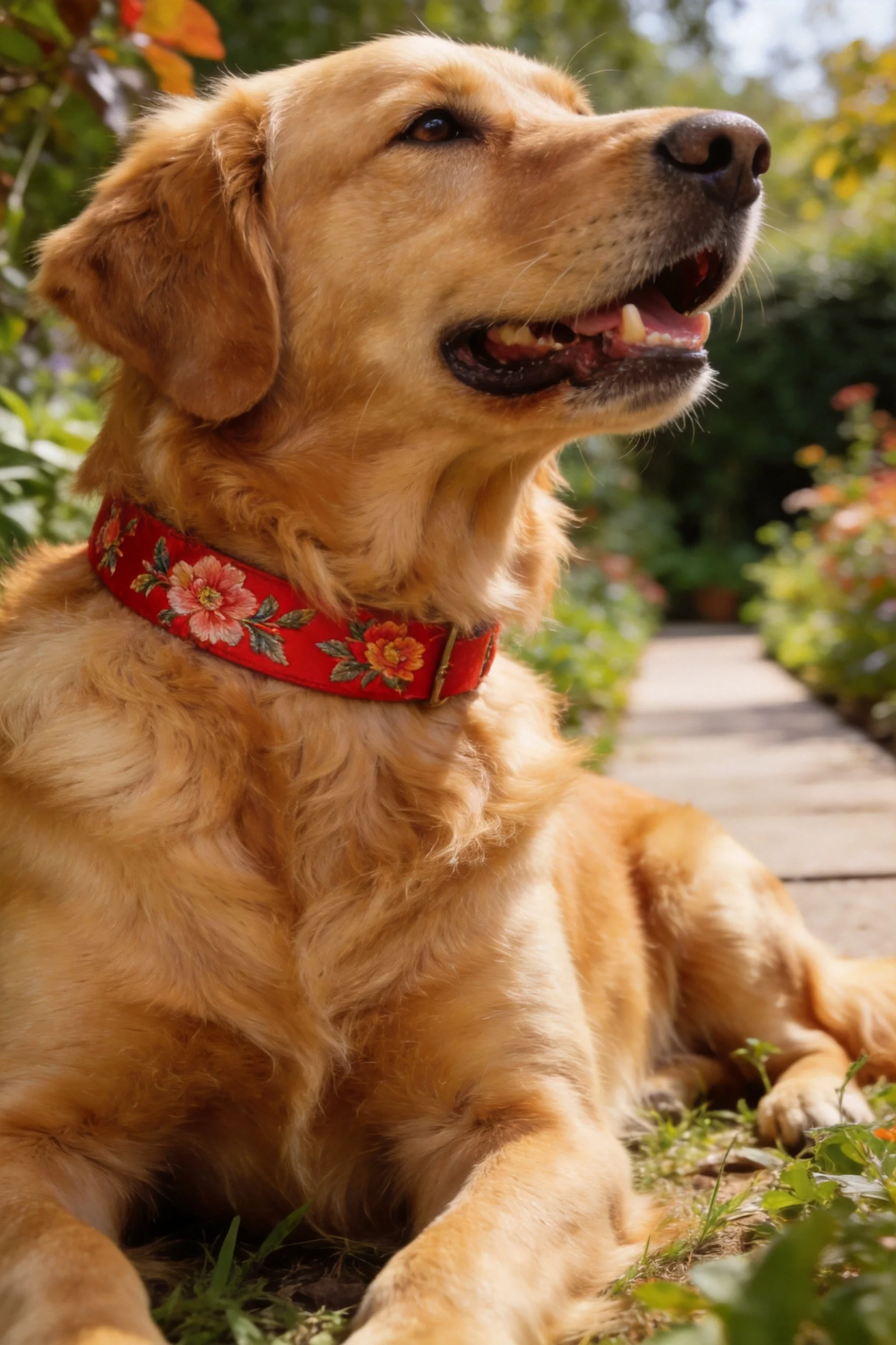 金毛寻回犬戴着红色花卉项圈,有着柔软的毛发,安静地坐在花园小径旁。