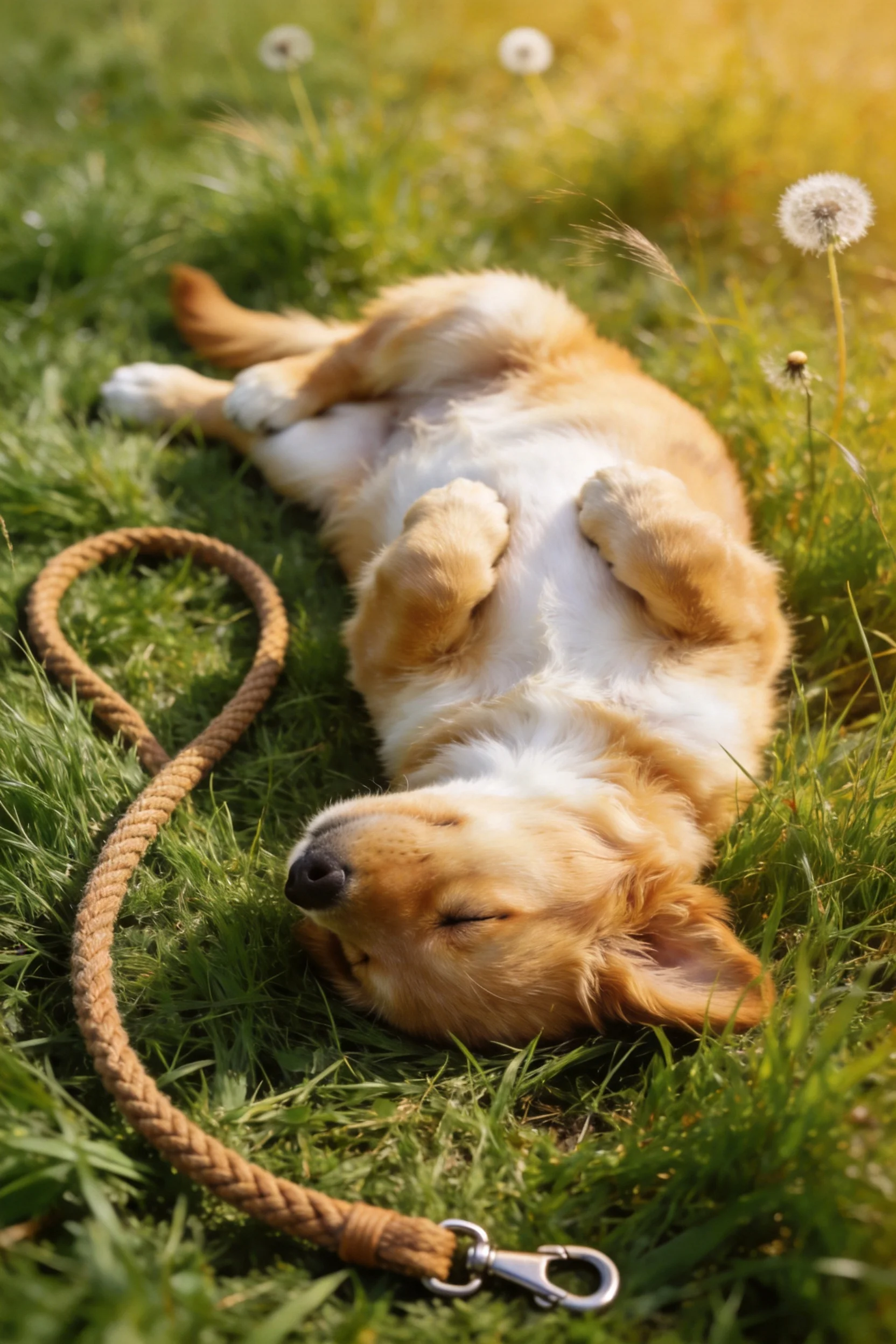 沃尔什柯基犬仰卧在草地上,浅棕与白色相间的毛发柔软蓬松,身旁有编织牵引绳。