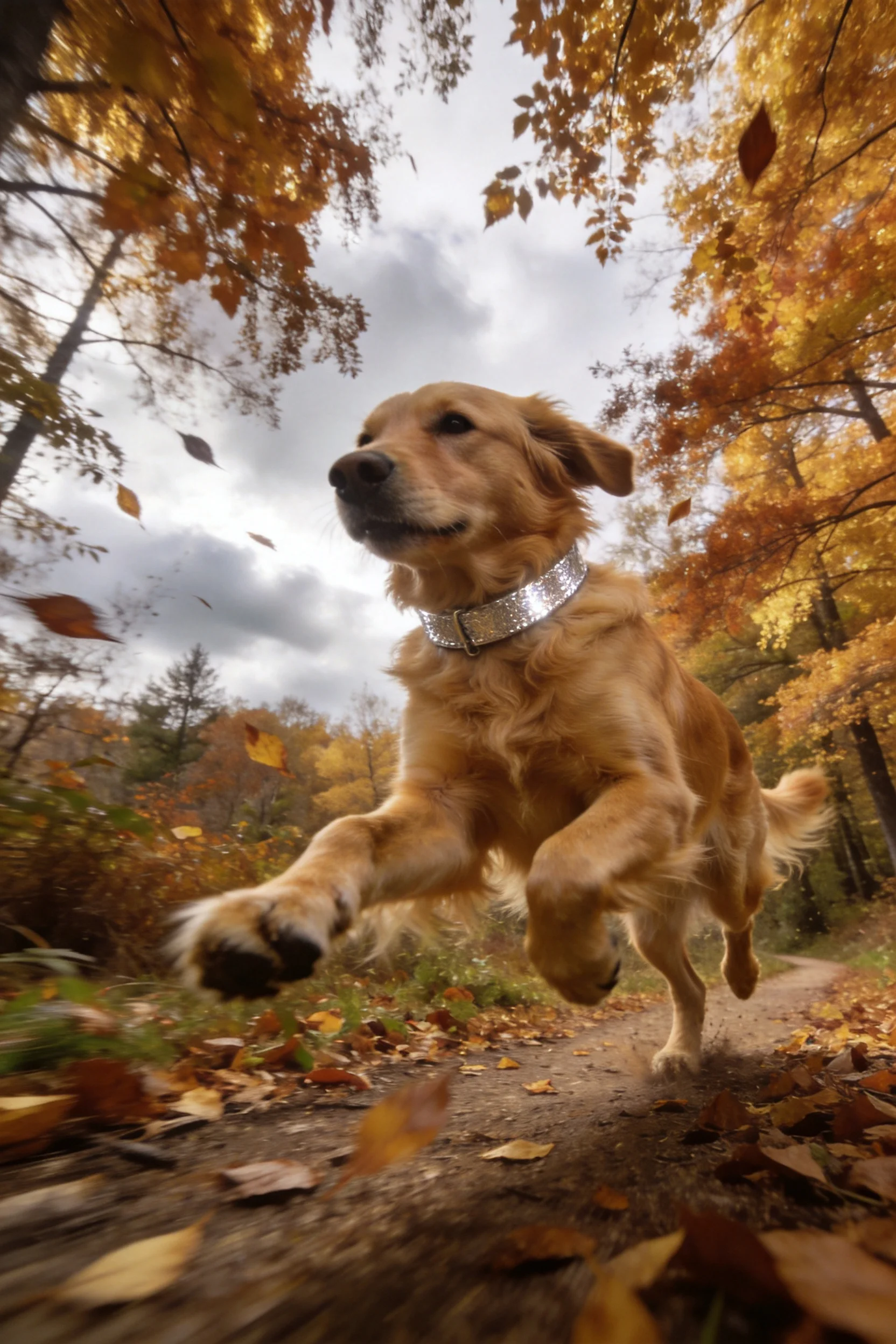 画面中是一只金毛寻回犬,它有着金黄色的被毛,佩戴着闪亮的项圈,正在林间小路上奔跑。