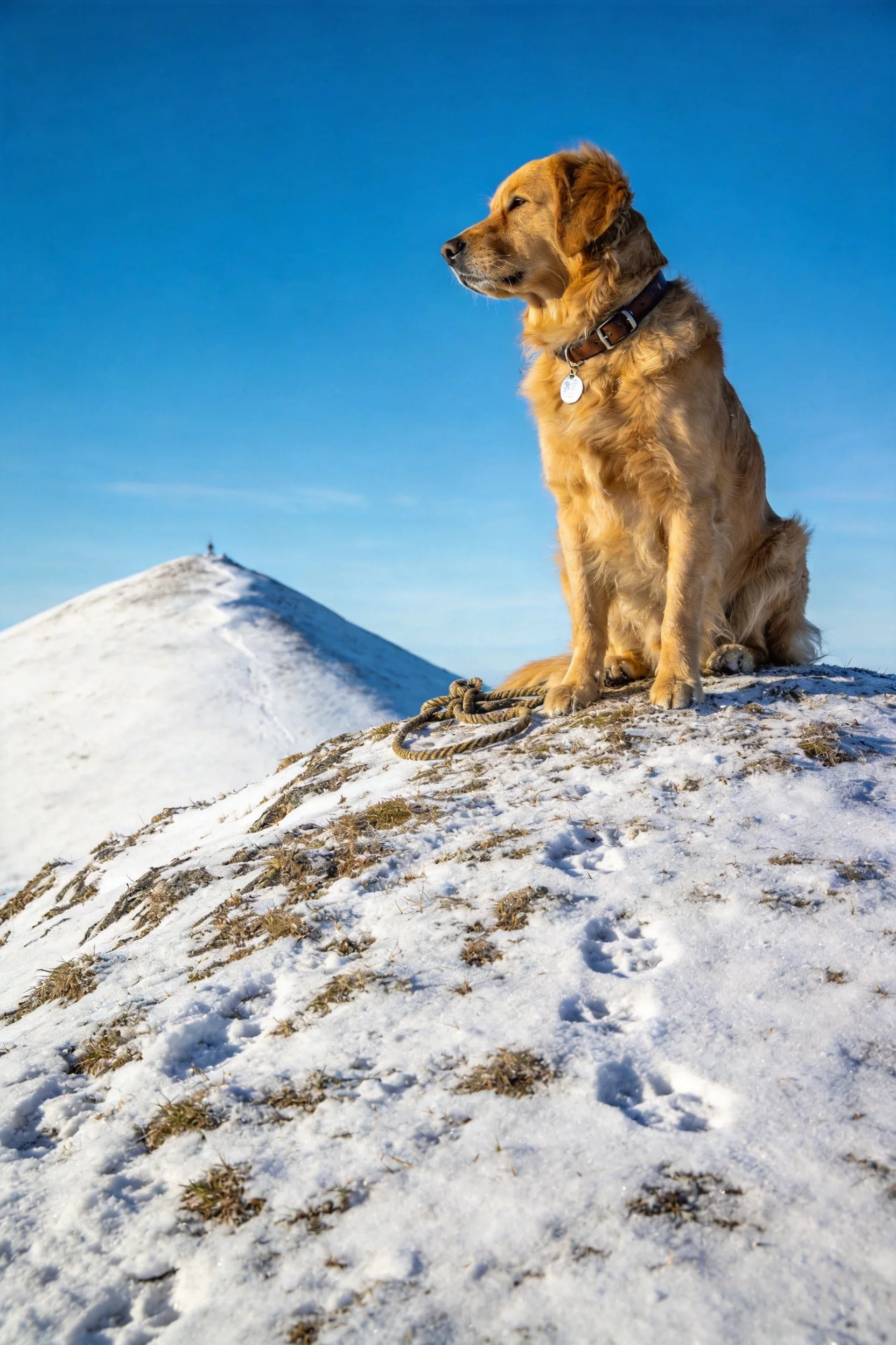 金毛寻回犬安静地坐在雪地山顶,浅金色毛发蓬松,佩戴着皮质项圈。