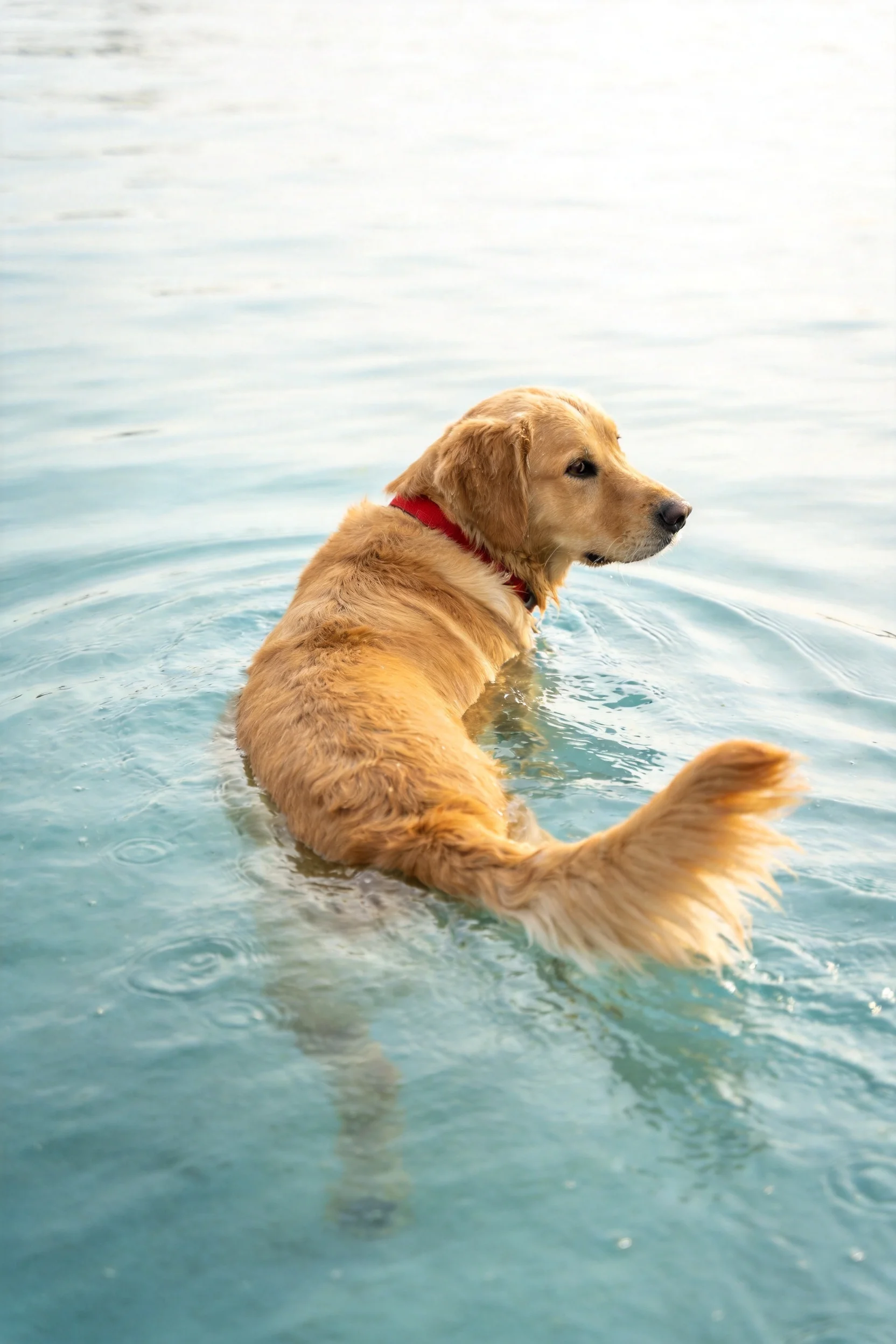 一只金毛猎犬在浅水中游泳,毛发湿润且呈金色,水面泛起细微波纹。