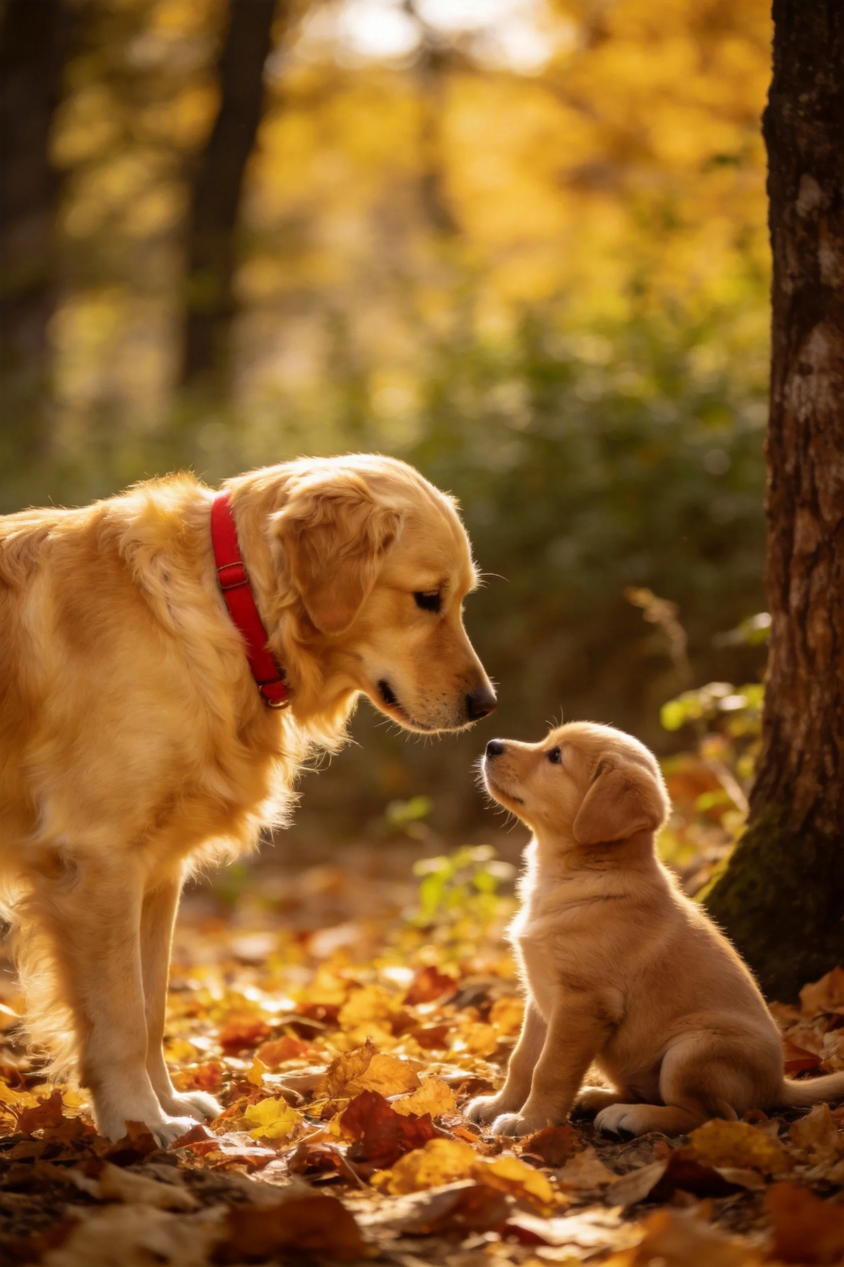 戴着红色项圈的成年金毛寻回犬低头注视身旁的金毛幼犬，幼犬毛发柔软蓬松。