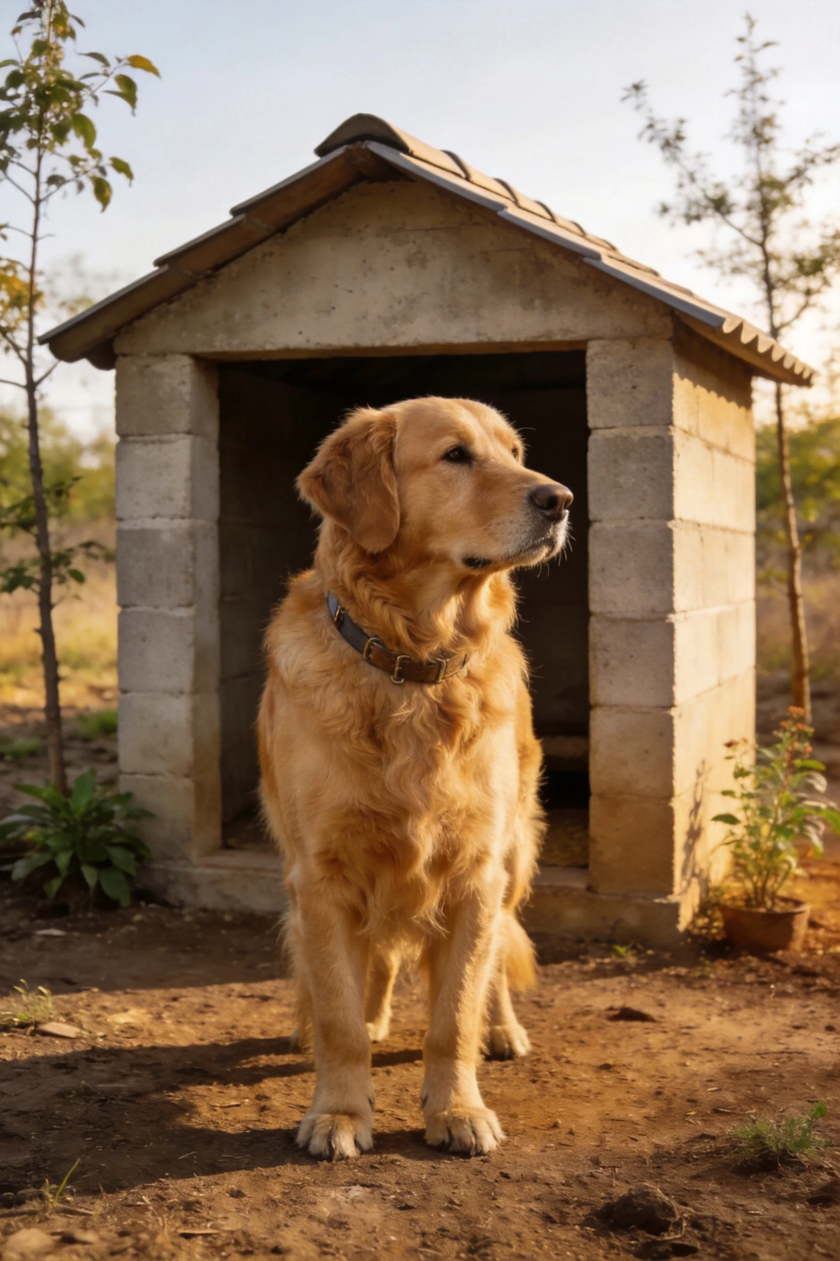 金毛寻回犬站立着,其金黄卷曲的毛发清晰可见,佩戴着皮质项圈,目光看向远方。