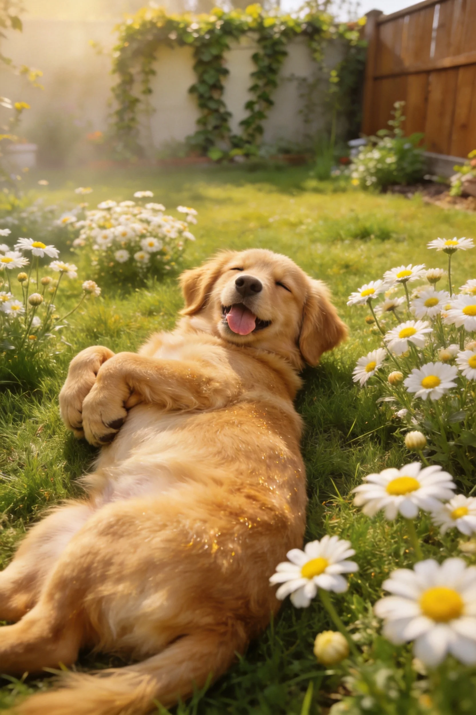 金毛犬舒展身体躺卧在雏菊丛生的草地上,粉色舌头外露,双眼微闭。