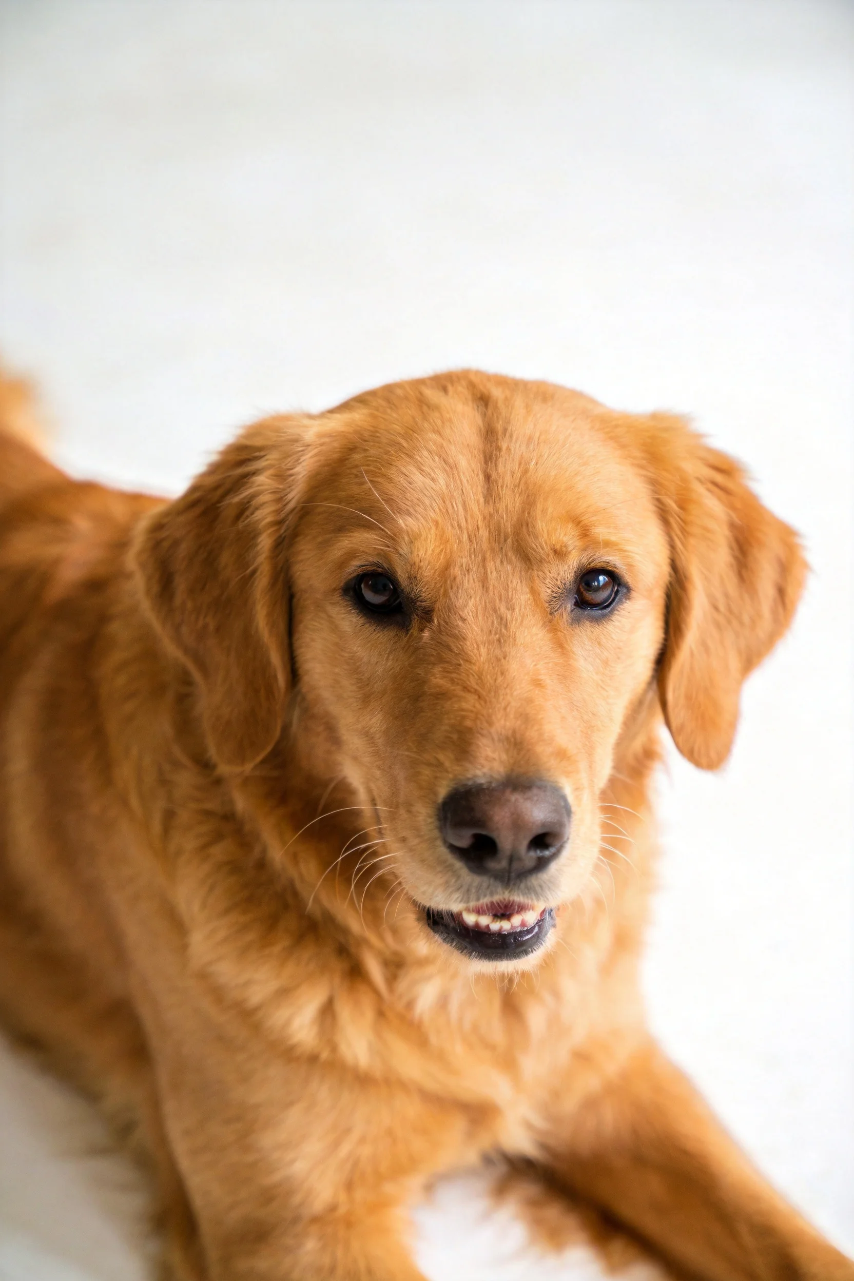 一只金毛犬有着金黄色的被毛，嘴巴微微张开，眼神温和。