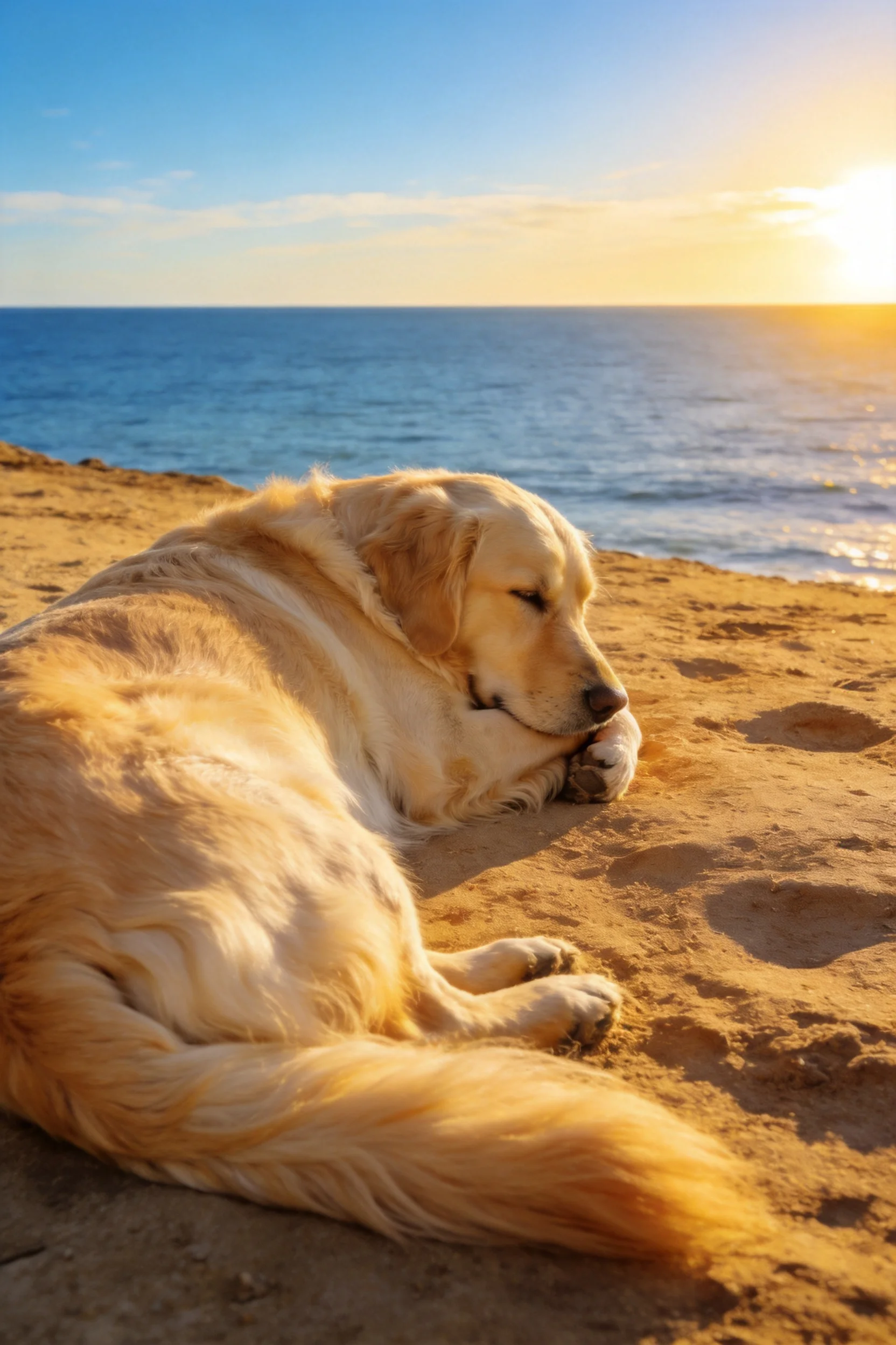 金毛寻回犬将头轻轻放在爪子上,金色的毛发在夕阳下显得格外柔软蓬松。