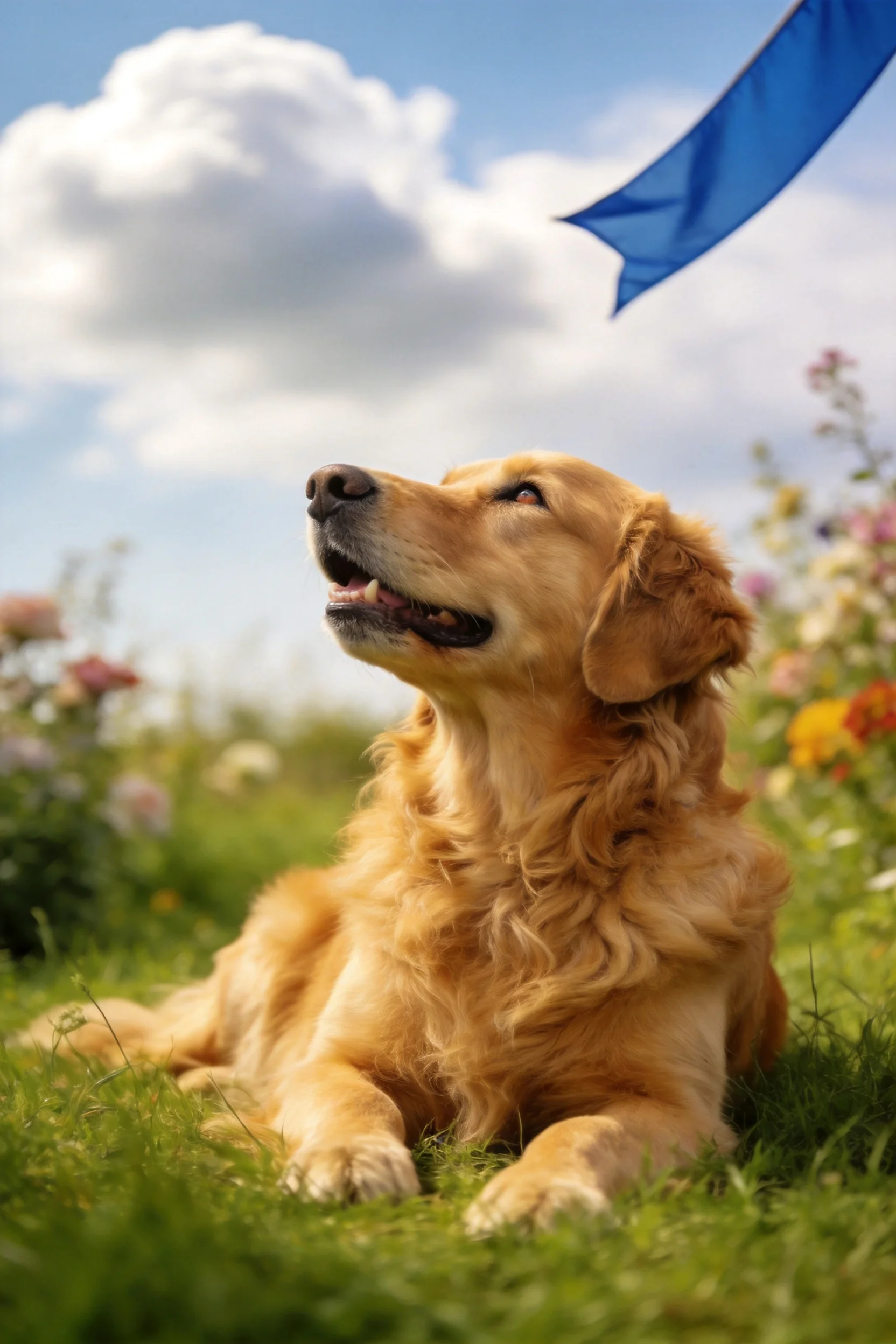 金毛寻回犬金黄卷毛在阳光下显得柔亮,它正抬头注视空中的物体。