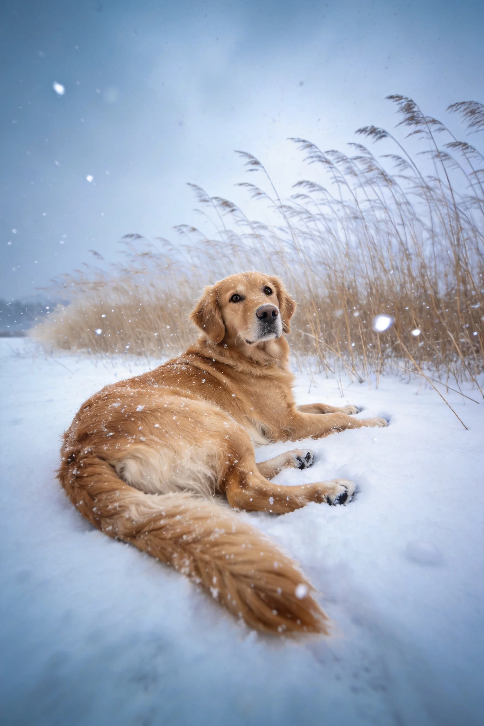 一只金毛寻回犬安静地躺在雪地上,金黄的毛发沾着雪花,眼神温和亲切。