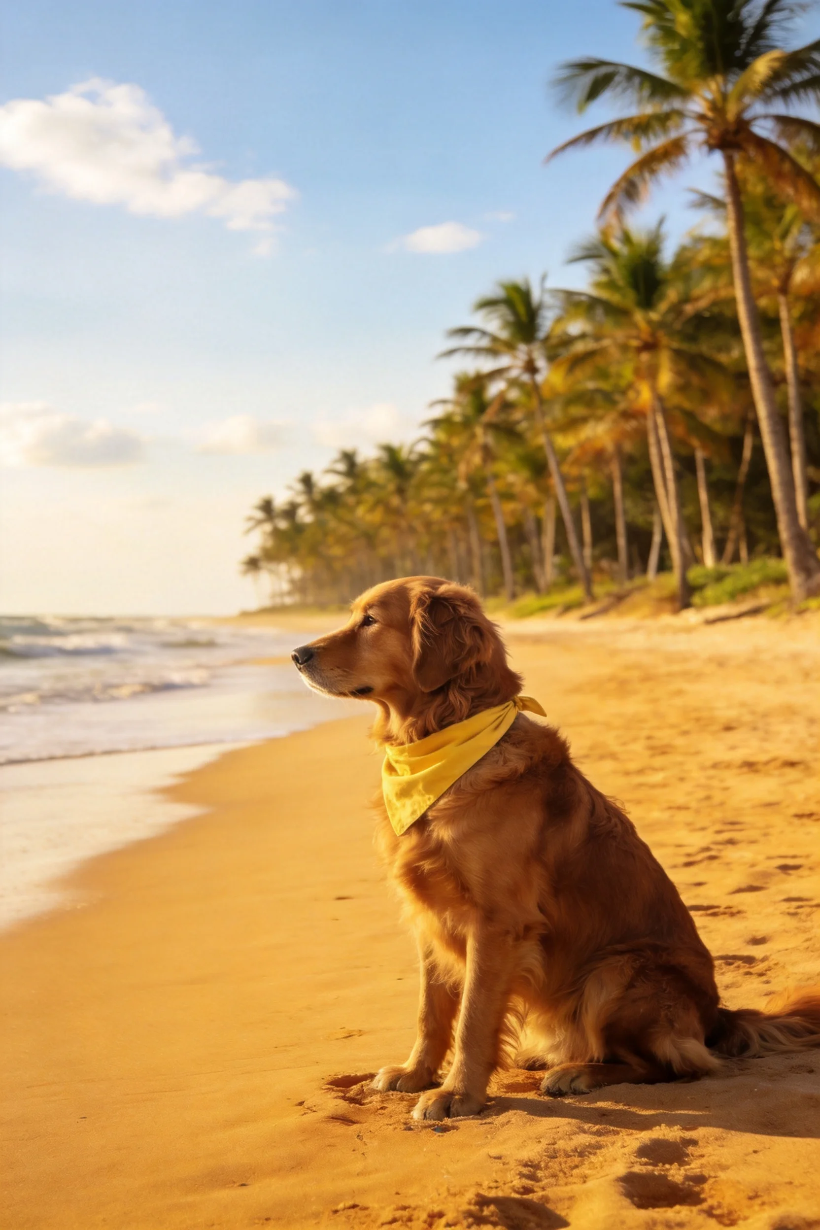 金毛寻回犬有着浓密金黄色的毛发,脖颈处的黄色丝巾清晰可见,正安静地坐在沙滩上凝视远方。