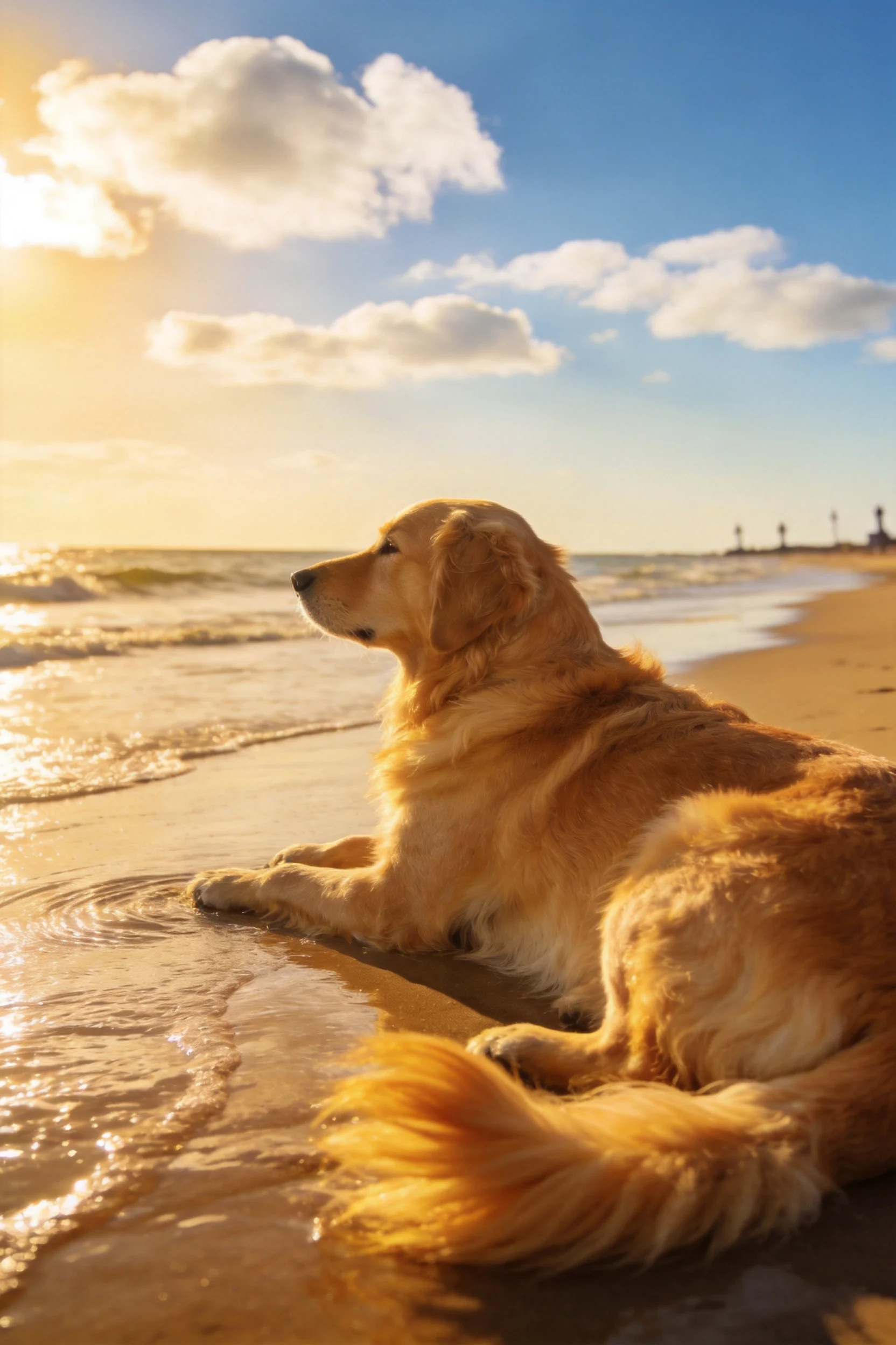 金毛寻回犬趴在海滩浅水中，金黄色皮毛湿润贴在沙滩上。