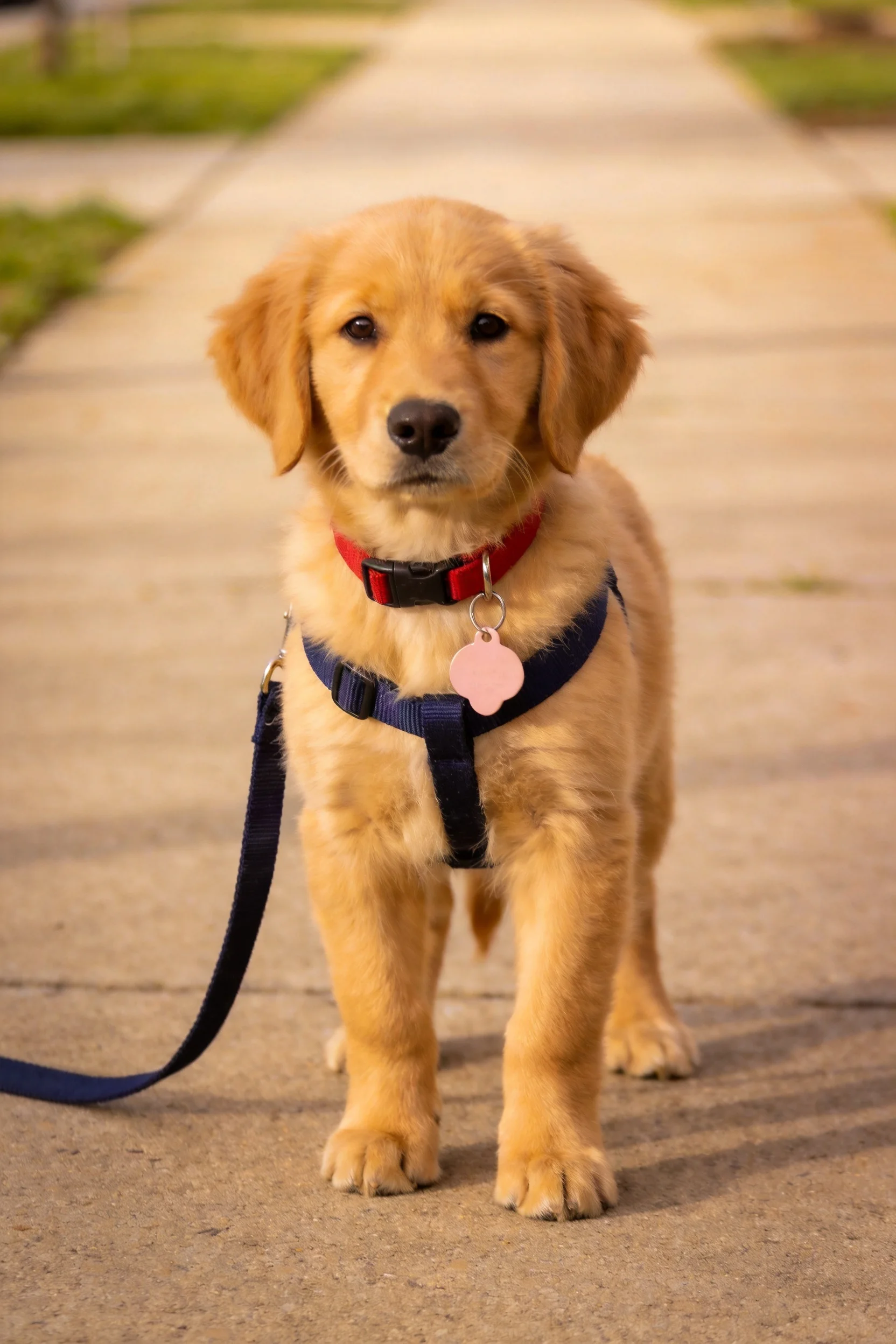 金毛寻回犬幼犬有着金黄色的蓬松毛发，佩戴红色项圈和深蓝色胸背带。