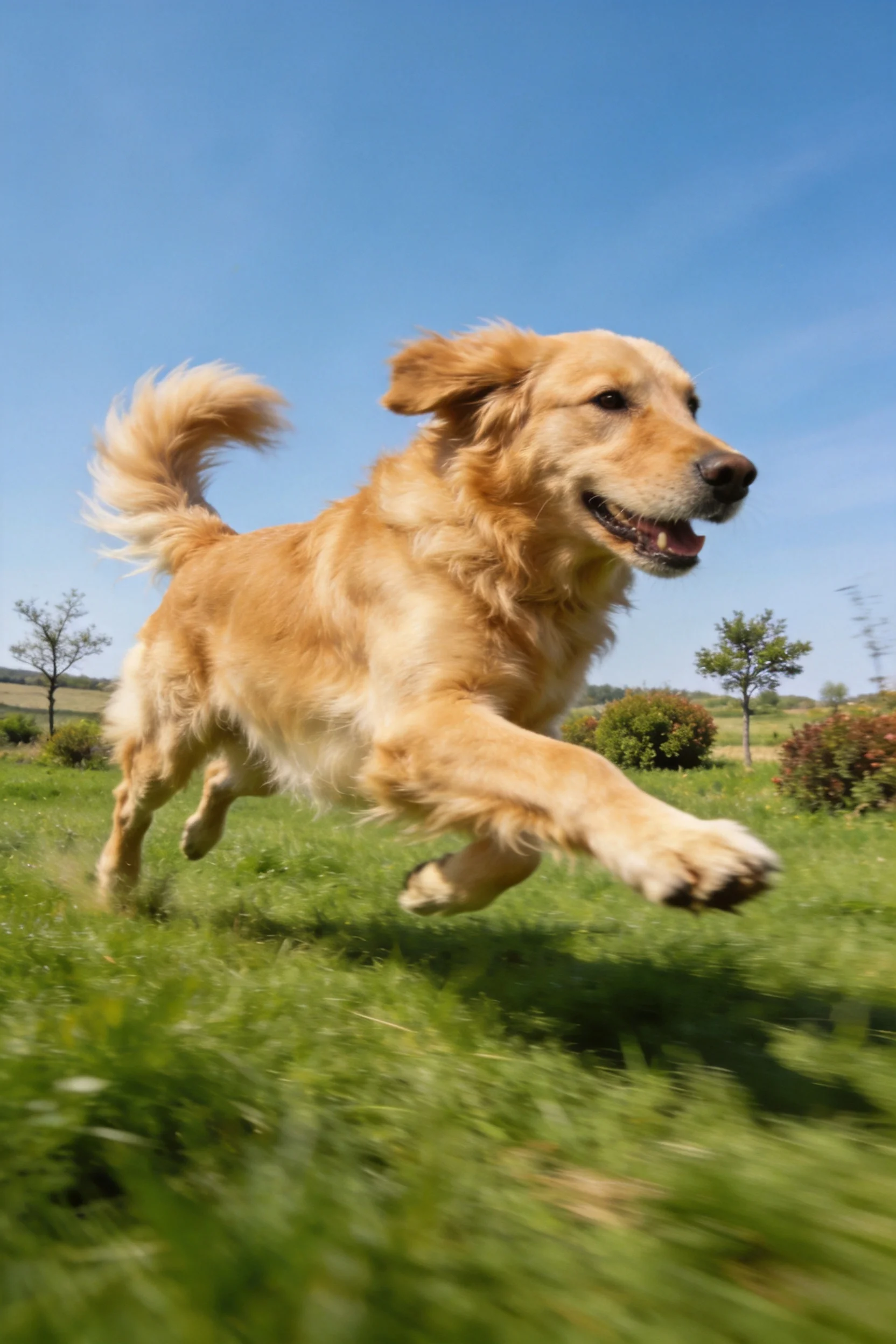 一只金毛寻回犬在开阔草地上奔跑,金黄毛发随风飘动,爪子轻触草地。