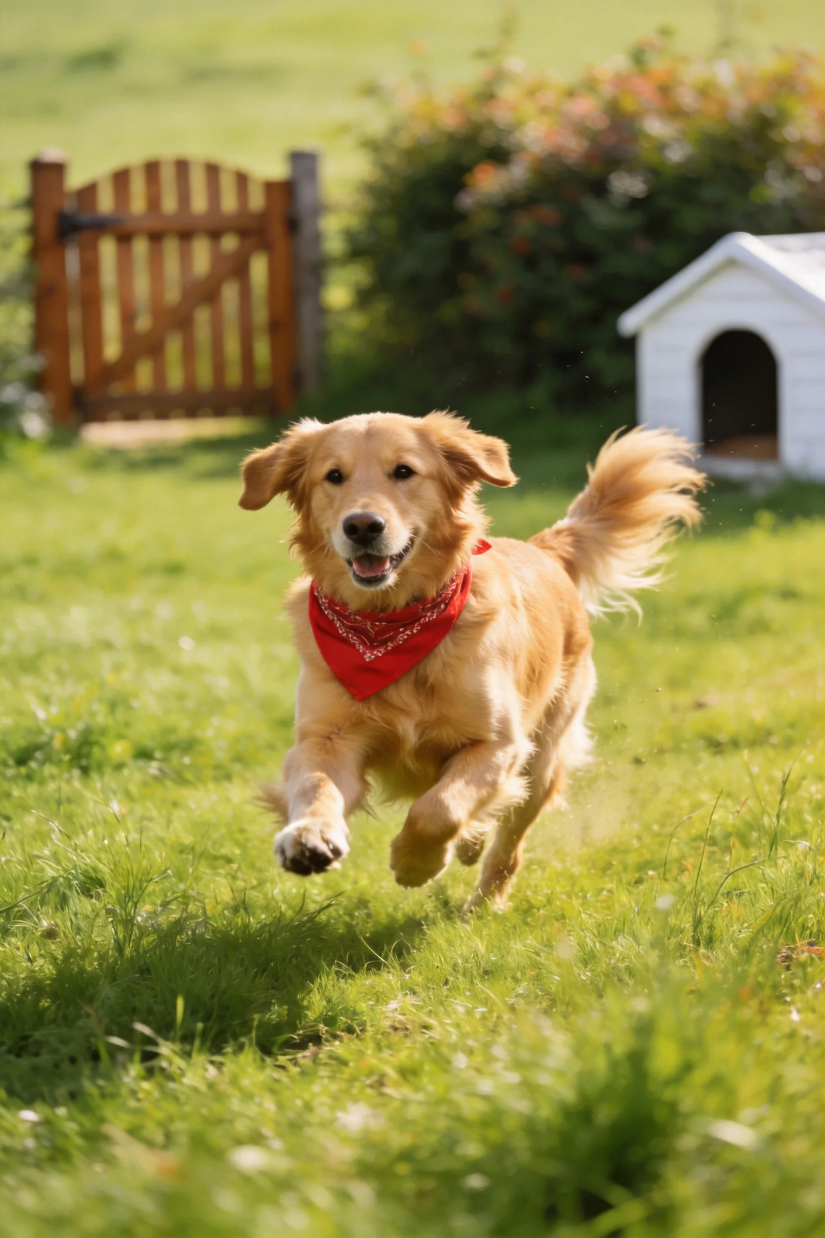 金毛寻回犬在草地上奔跑,脖颈处的红色方巾随风轻扬,毛发蓬松且带有光泽。